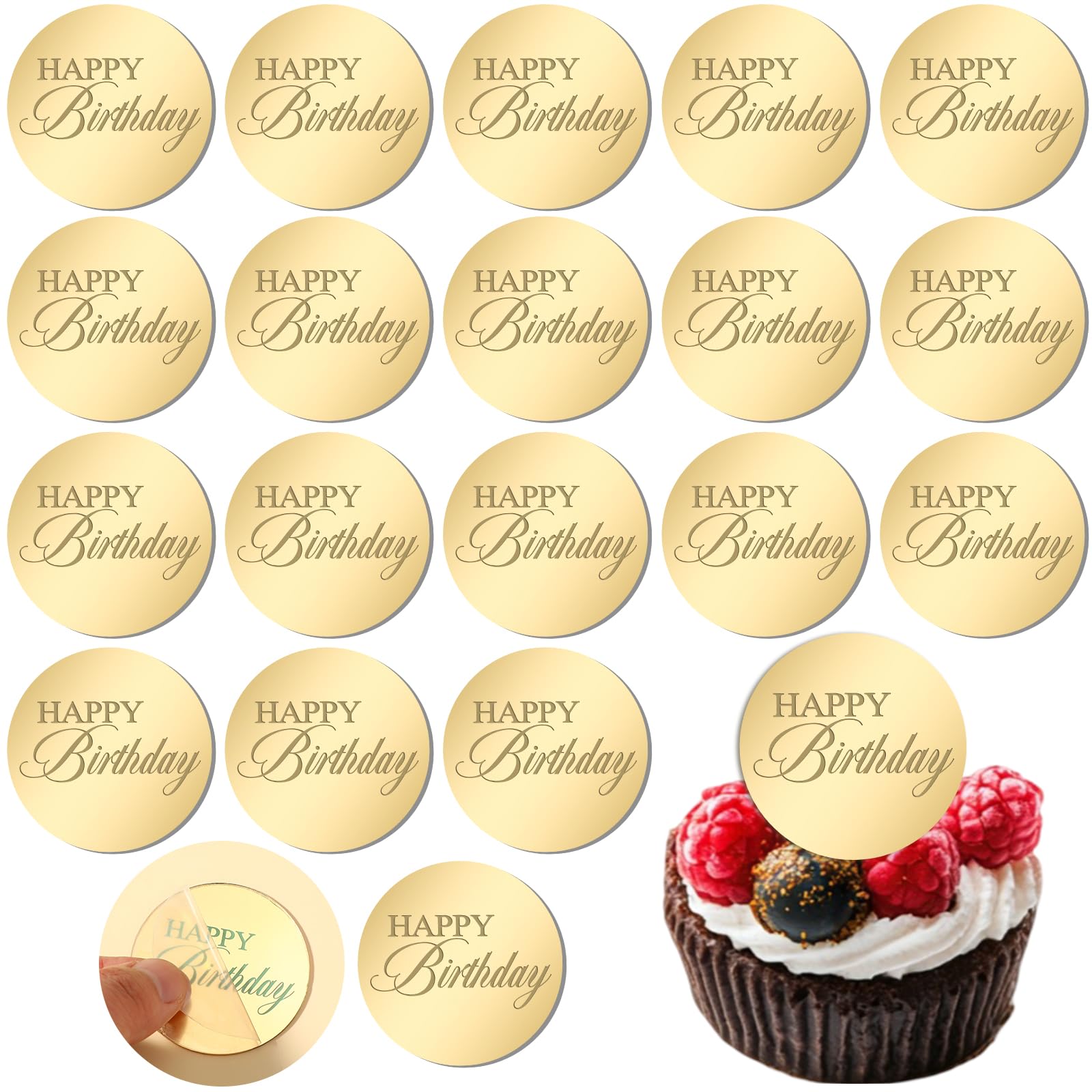 20pcs Happy Birthday Acrylic Cupcake Toppers Mirror Gold Happy Birthday Cake Toppers Decoration Circle Round Engraved Cake Picks For Birthdays Anniversary Party Decorations