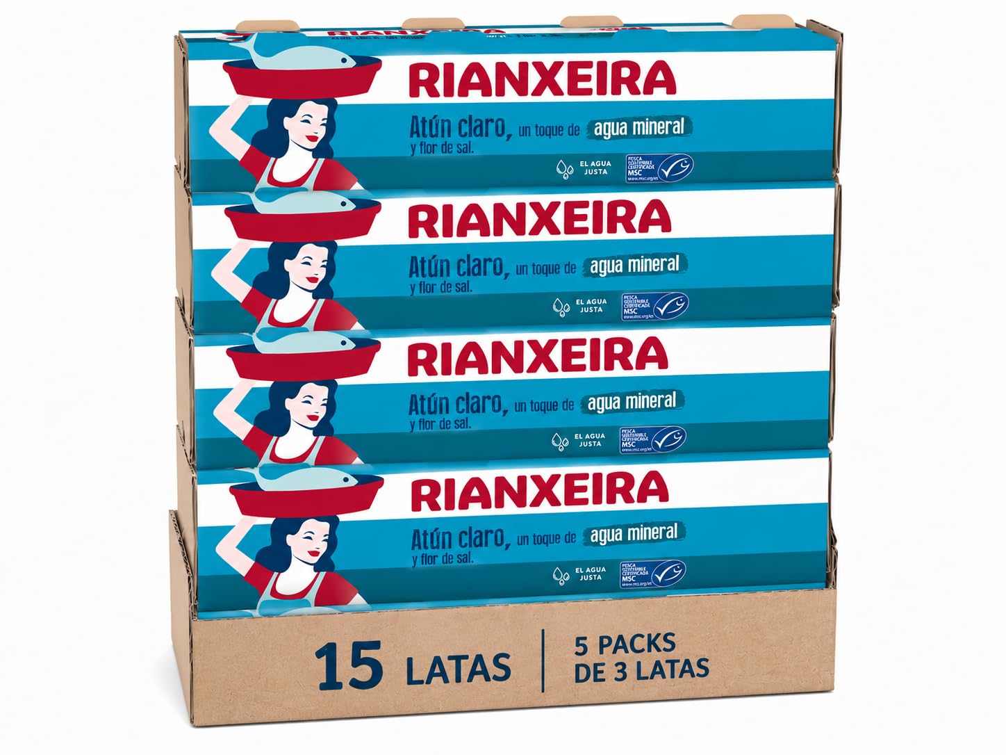 Rianxeira Atún Claro en Agua Mineral con Flor de Sal | Pack 15 Latas | Atún en Conserva Rico en Proteínas | Formato Ahorro