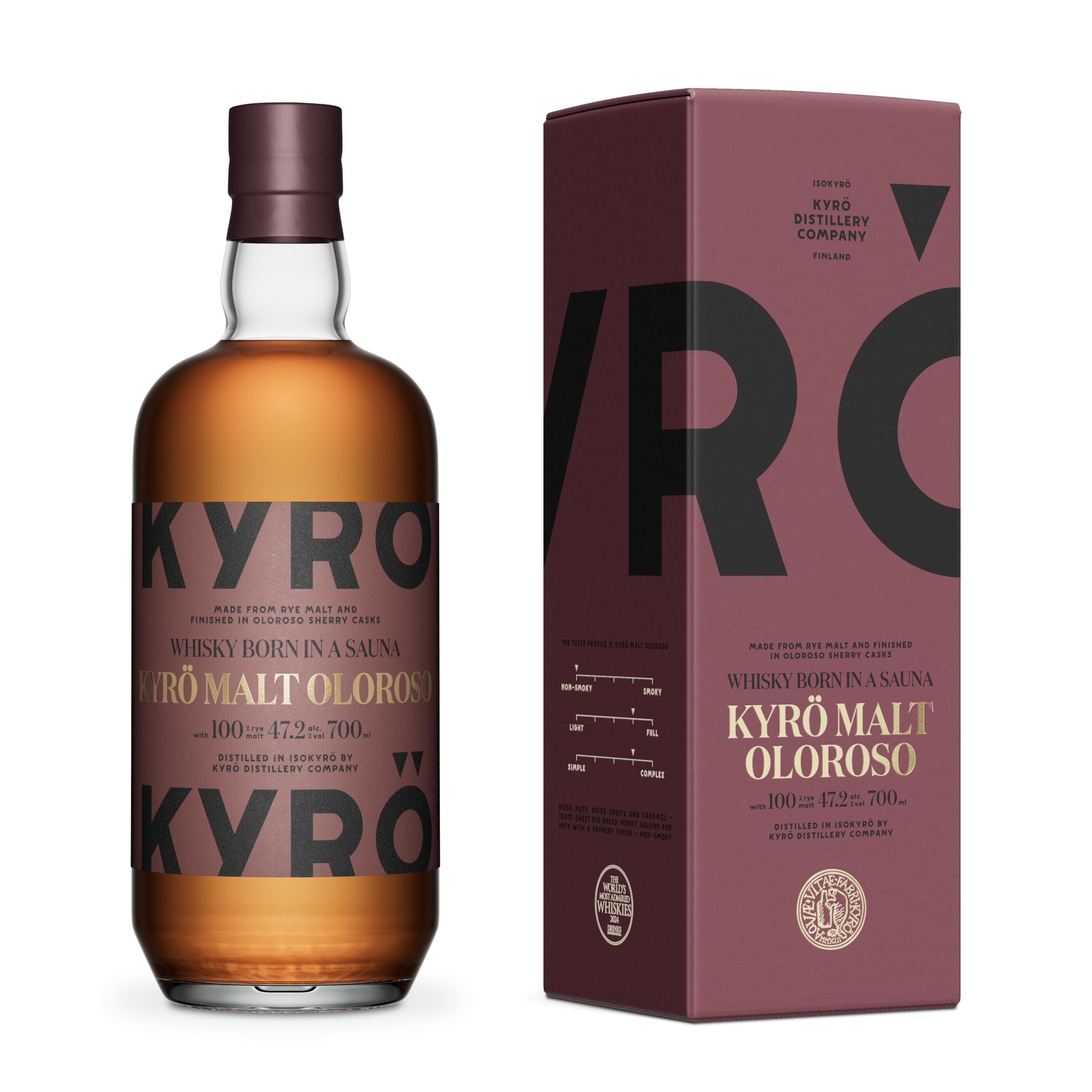 Kyrö Oloroso Malt Rye Whisky, 70cl - 47.2 Percent ABV Finnish Rye Whisky with Oloroso Sherry Barrel Finish - Double Pot Distilled and Cask-Aged for An Intense Flavour