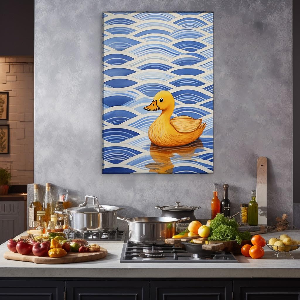 Canvas for Living room. Floating Serenity: A Playful Yellow Rubber Duck Sets Sail on Tranquil Blue Waves, 27 x 18 inch Canvas Wall Art - Ready to Hang - 69x46 cm (27x18 inch)
