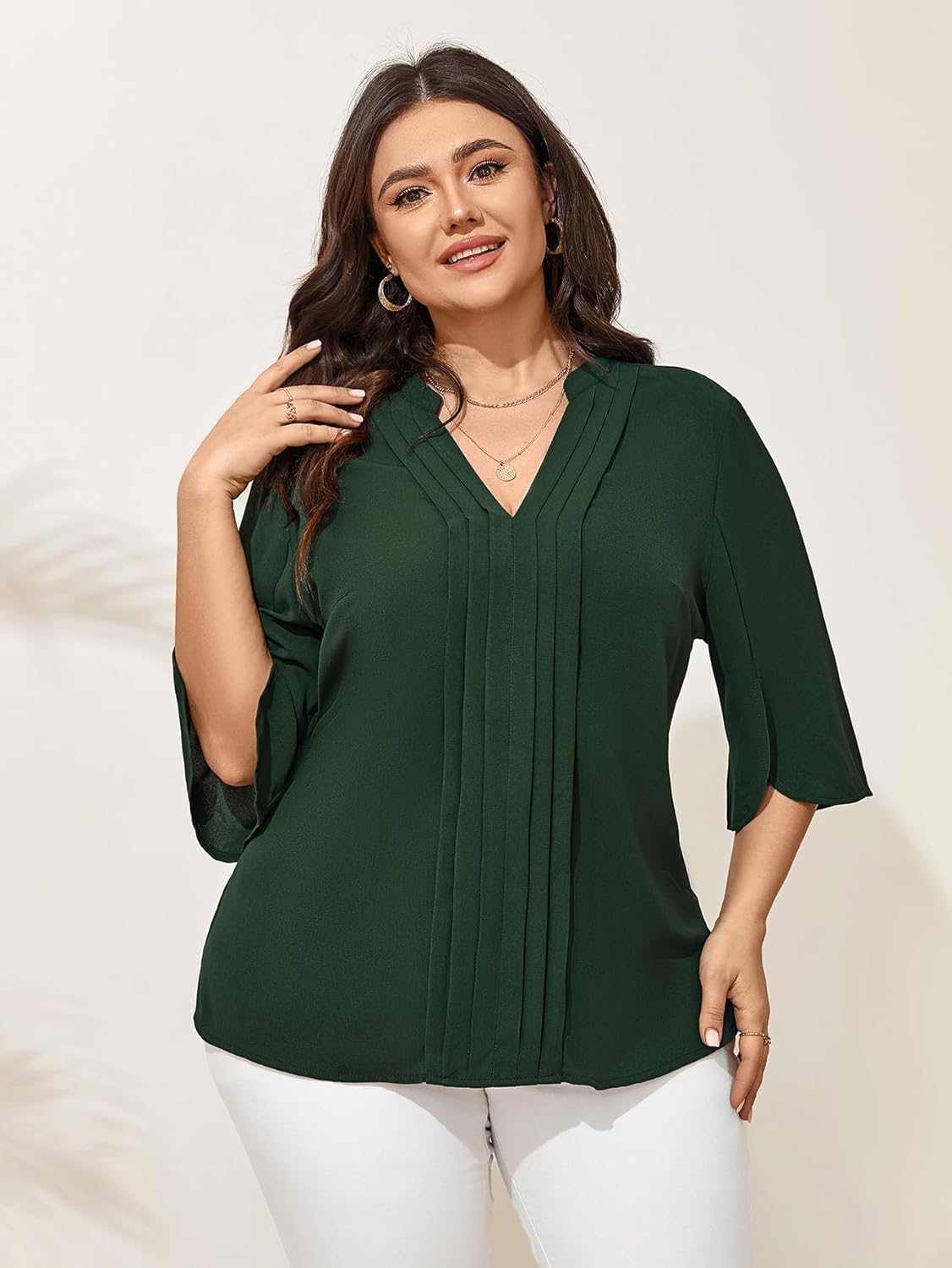 SCOMCHIC Women's Plus Size Blouses 3/4 Sleeve Dressy Tunic Tops Casual Loose V Neck Pleated Shirts - Image 2