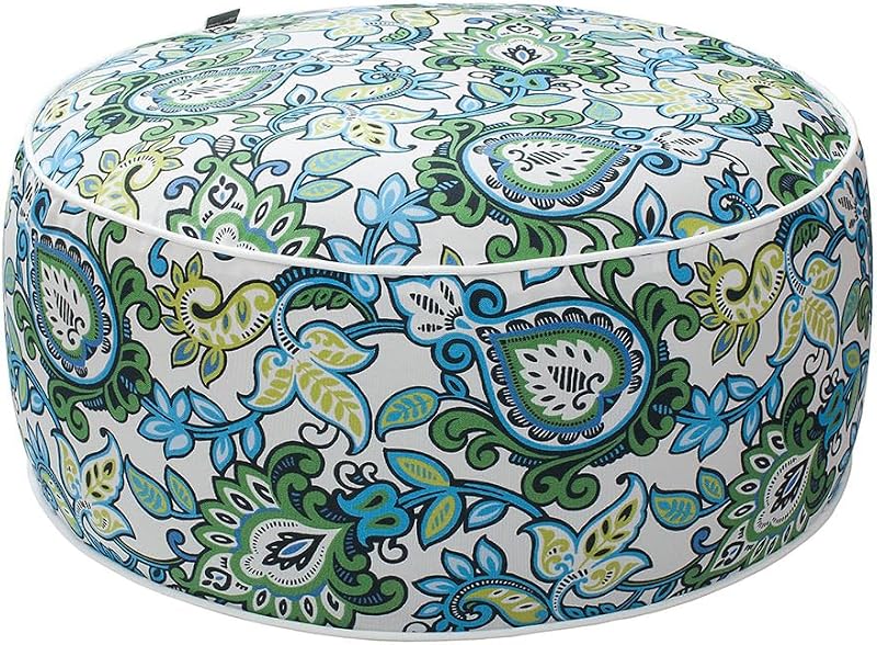 Indoor/Outdoor Inflatable Stool Ottoman Pouf, Water Repellent Round Footrest Footstool D20 xH9, Portable for Patio Garden Travel Camping or Home, Floral Blue Green