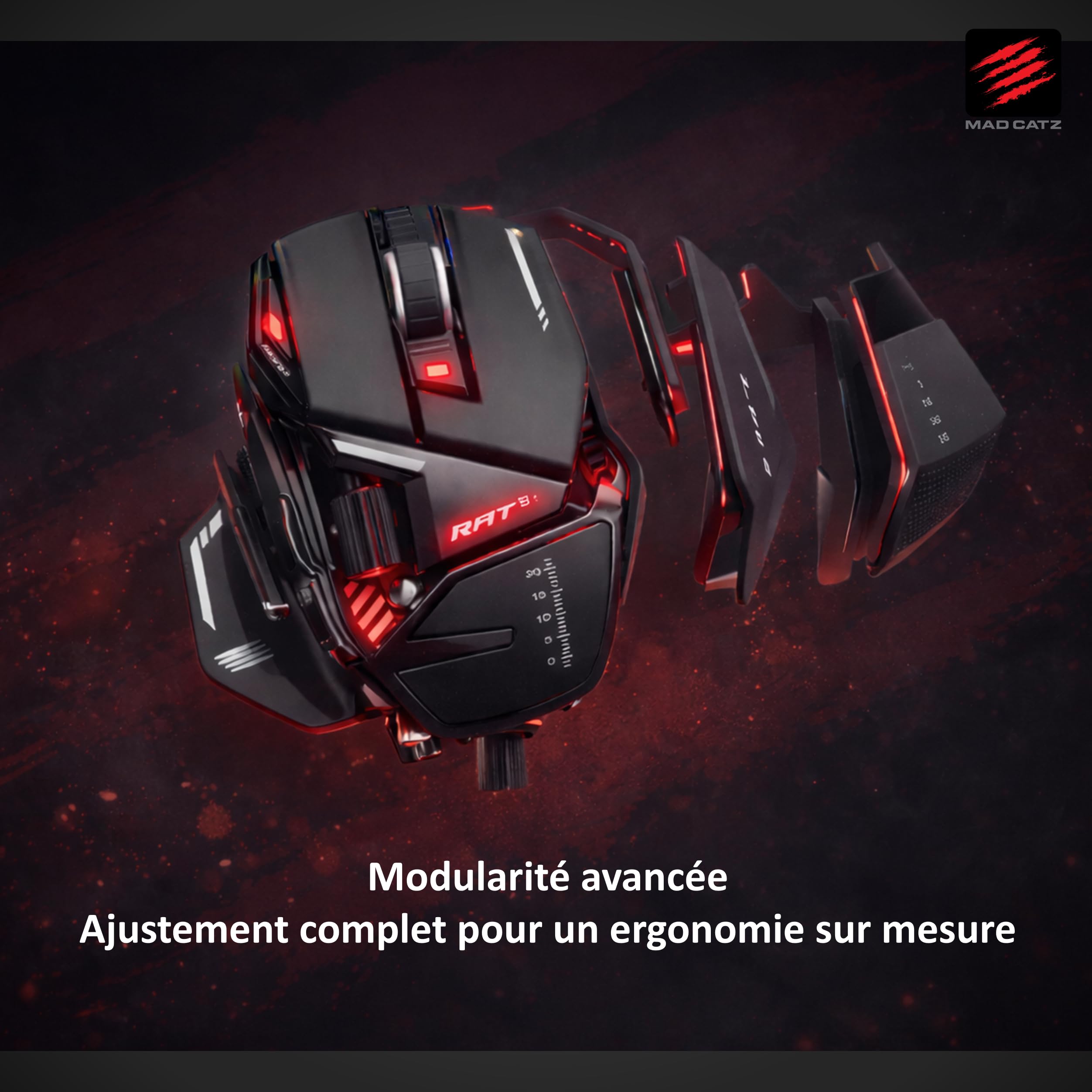 Mad Catz Rat 8+ Souris Gamer Filaire USB - Souris Ergonomique 11 Boutons Programmables - Capteur Optique Pixart3389 16000 DPI - Souris Gaming Pour PC Noir Avec Led Rouge Et Repose Poignet Reglable