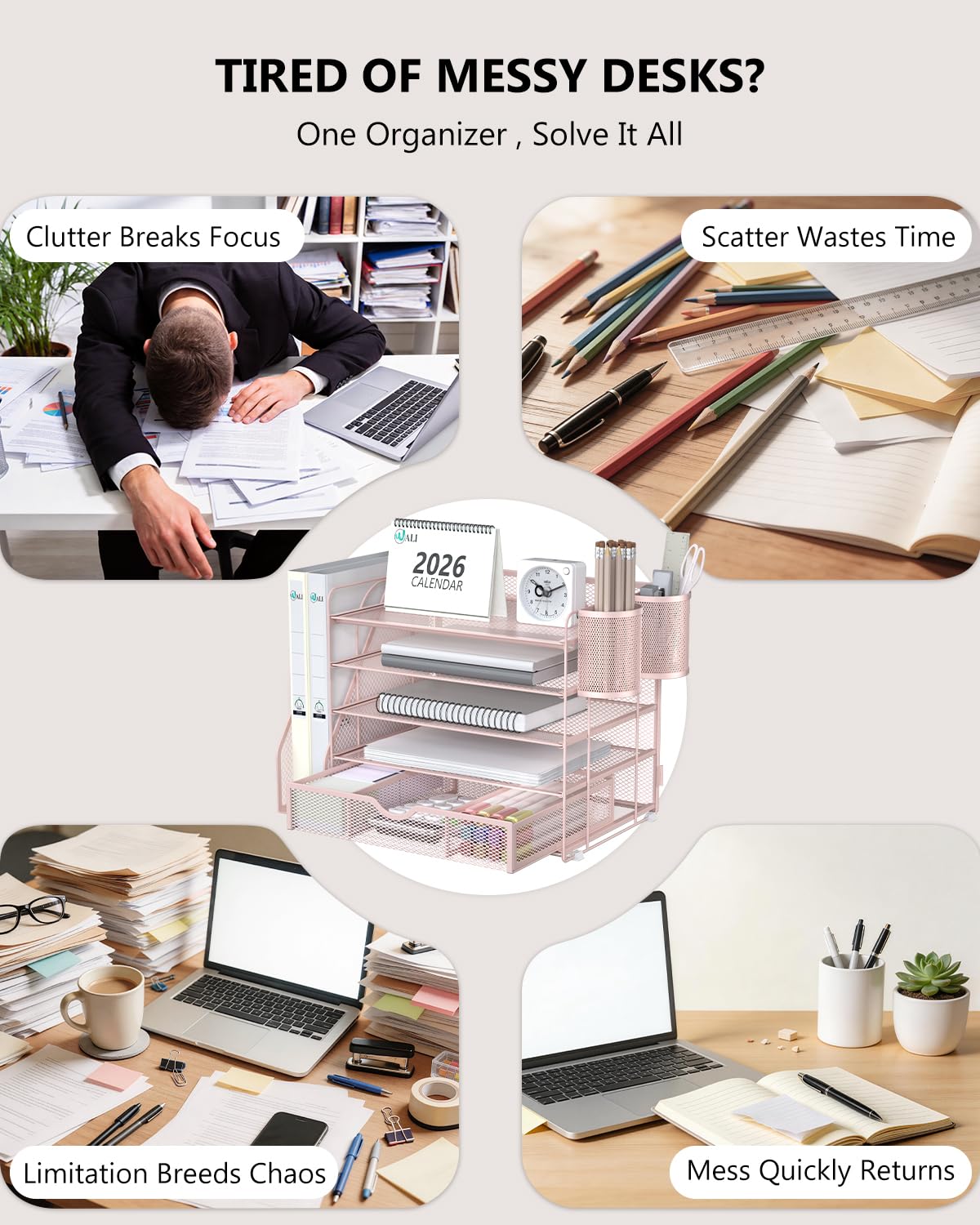 WALI Desk File Organizer, 5 Tier Desktop Paper Letter Tray Organizer with Drawer and 2 Pen Holders, Office Desk Accessories & Workspace Organizers for Office, Home Supplies(DO006DH-P), 1 Pack, Pink view 2