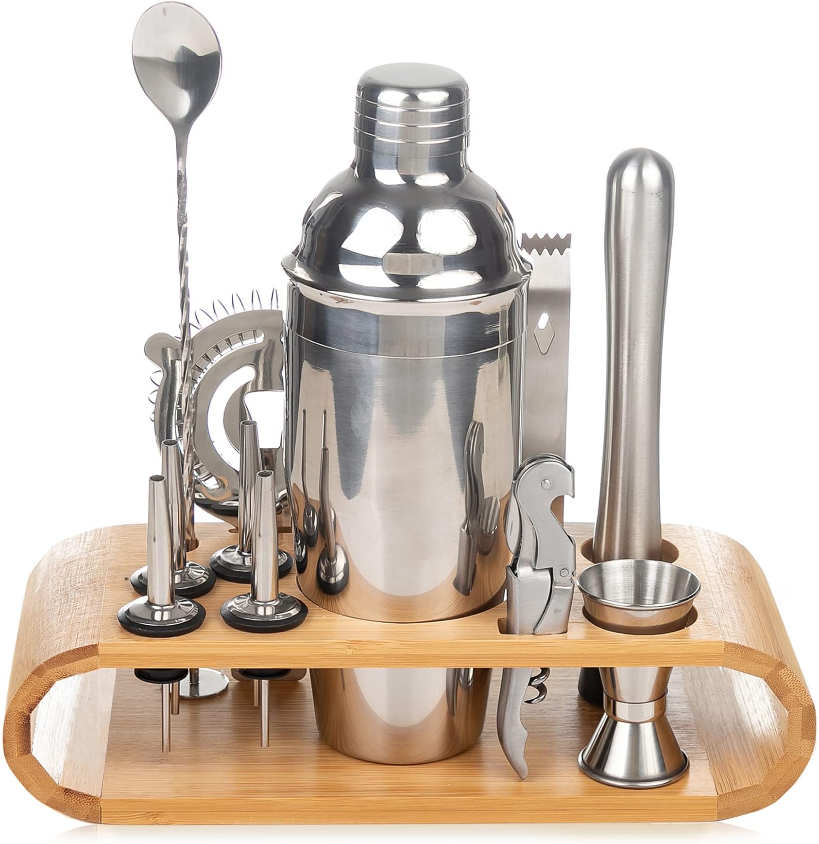 Bartender Kit - at Home Mixology Bar Kit, Bartender + Cocktail Set with Jigger for Bartending, 25oz Martini Shaker, Strainer, Spoon, Pourers, Muddler, Corkscrew, Bamboo Stand - Bar Supplies 12 Piece
