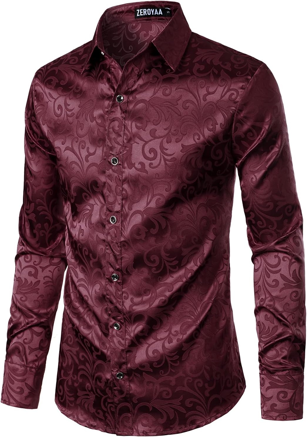 ZEROYAA Men's Luxury Jacquard Long Sleeve Dress Shirt Shiny Satin Slik Like Wedding Party Prom Shirts