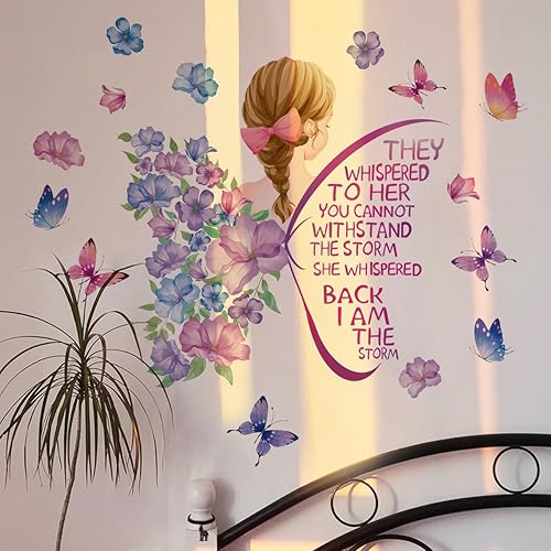 Runtoo Calcomanías de pared coloridas con citas inspiradoras de mariposa morada, para niñas, diseño de flores, soy la tormenta, para dormitorio,