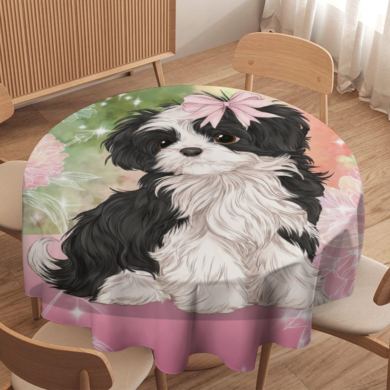 LUYYSKY Funny Realistic Dogs Puppies Round Tablecloth Beautiful Rustic Plant Flowers Animals Dogs Pattern Washable Decor for Table Cover for Kitchen-152.4" Wx152.4 L cm