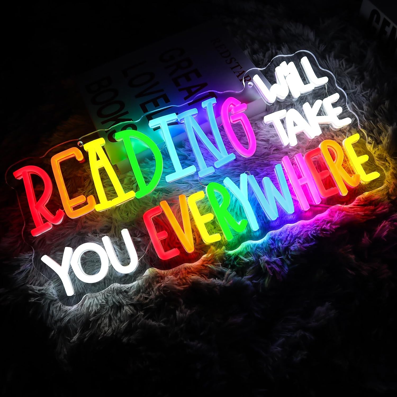 Reading Will Take You Everywhere Neon Sign for Wall Decor Dimmable Inspirational Quote Led Sign for Classroom Colorful Neon Light for School Bookstore Library Study Room Wall Art Decoration