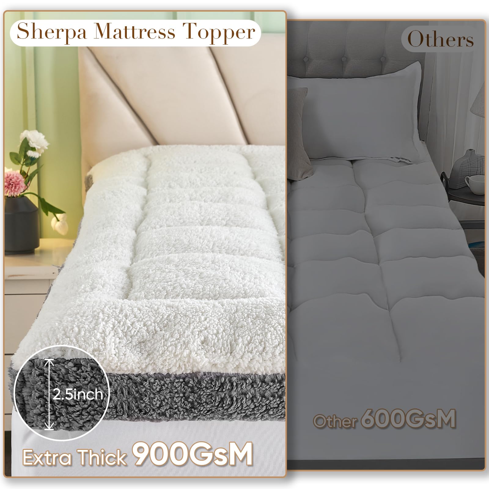 Mattress Topper Queen Size for Back Pain, Cymula Extra Thick 2 inch Sherpa Mattress Pad Bed Soft Pillow Top with 900GSM Fluffy Down Alternative Mattress Cover with 8-21" Deep Pocket, 60x80in White