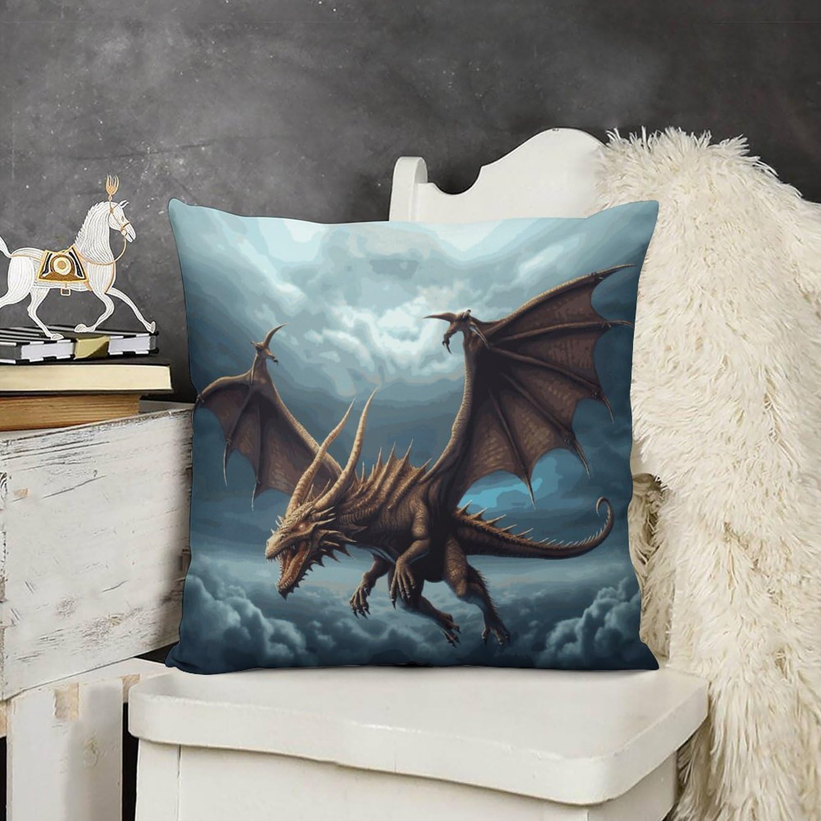 FodPand Decorative Flying Dragon Throw Pillow Covers 18x18 Soft Plush Cozy Cushion Cases with Invisible Zipper Body Pillowcase Square Accent Pillow Shams for Couch Sofa Bedroom Living Room