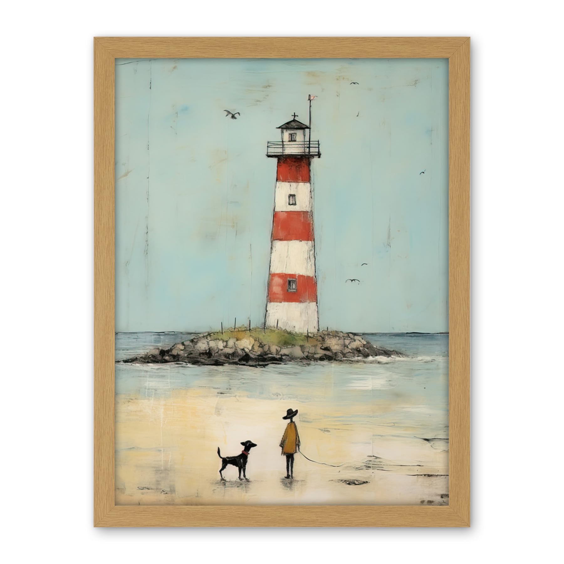 Artery8 Lighthouse Pastel Colour Painting Bathroom Artwork Red Blue Ochre Boy and Pet Dog Beach Walk Artwork Framed Wall Art Print 18X24 Inch
