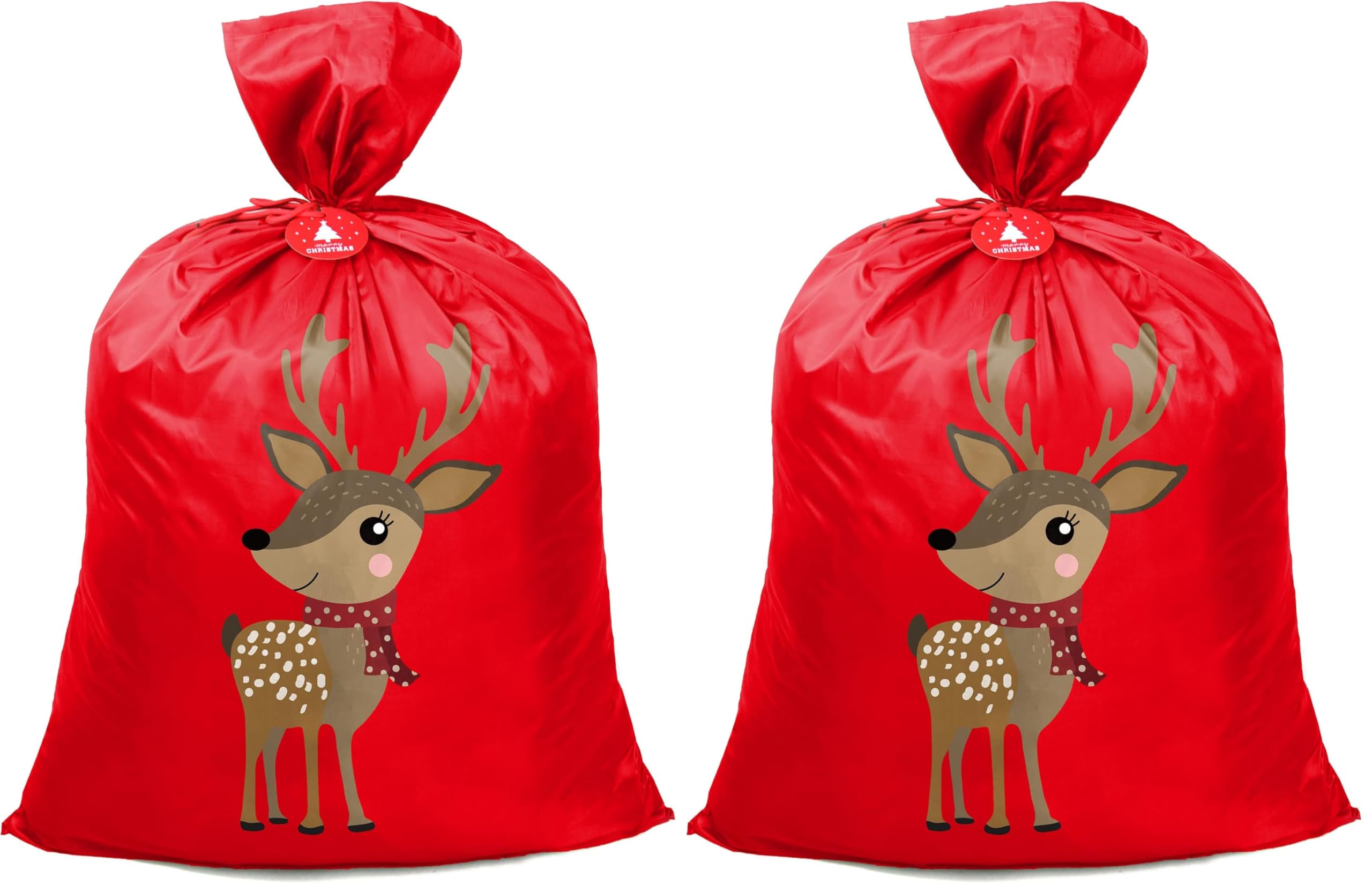 BeeGreen Giant Santa Sack Bag, Extra Large 56" H x 40" W for Huge Christmas Gifts, Reusable Fabric Gift Bags with Name Tag Card and Rope for Christmas (Deer) (Pack of 2)