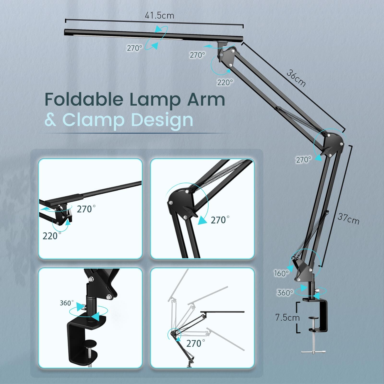 Schreibtischlampe für das Heimbüro, Schreibtischlampe Klemmbar , Architektenleuchte mit QC3.0 Adapter, Fresnel Linse, Tischlampe, 5 Farbmodi und Helligkeit, Klemmlampe mit Speicherfunktion, Schwarz