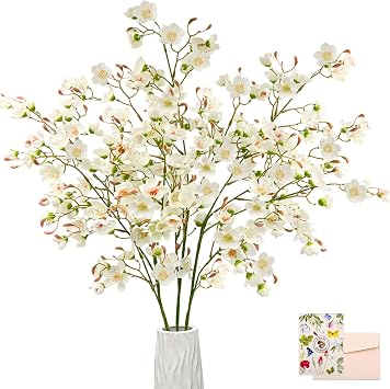 SNAIL GARDEN 3Pack 105cm White Artificial Cherry Blossom Branches, Long Stem Silk Peach Blossom Fake Flowers, Tall Faux Spring Stems for Vases, DIY Floral Arrangement Home Wedding Decor