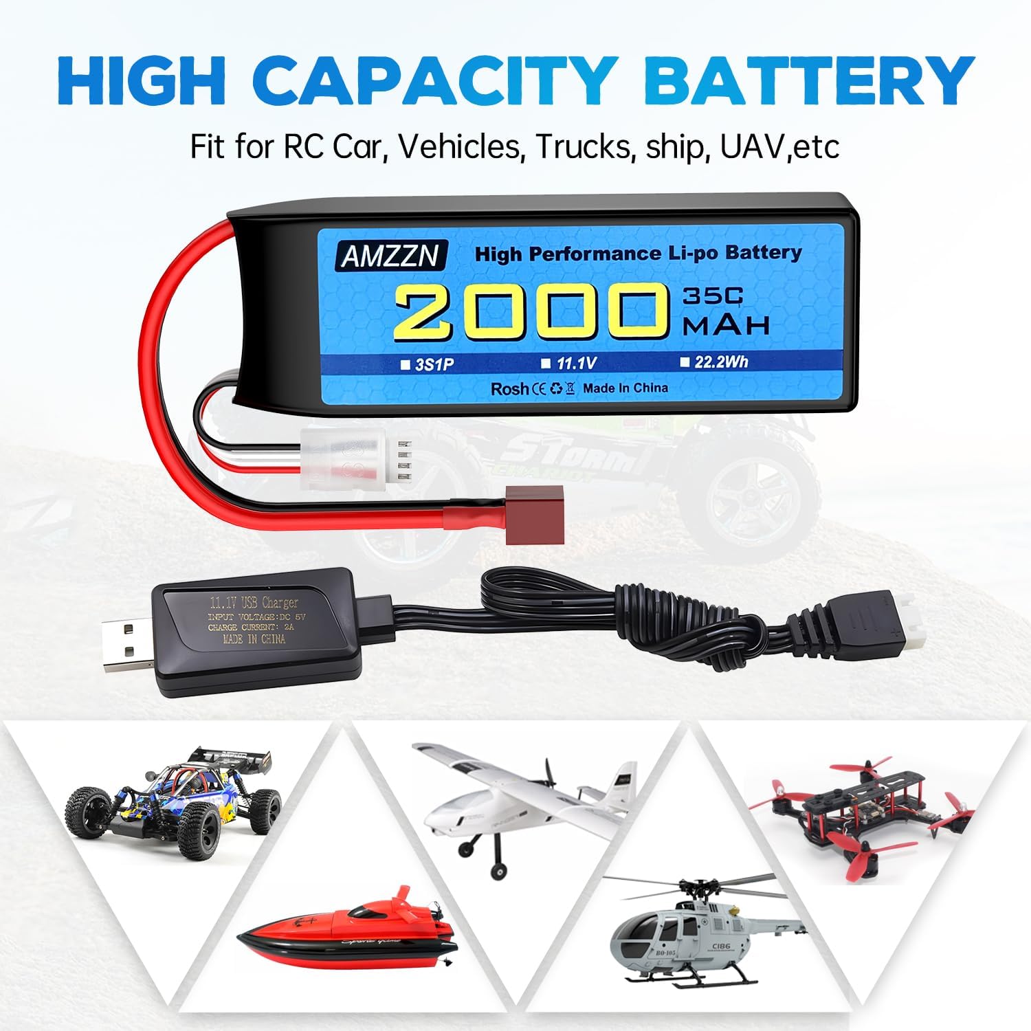 3S T Plug Lipo Battery 11.1V 2000mAh 35C with USB Charging Cable for RC Car,Truck Model Car,Remote Control Ship,RC Quadcopter Qircraft,FPV Drone Battery