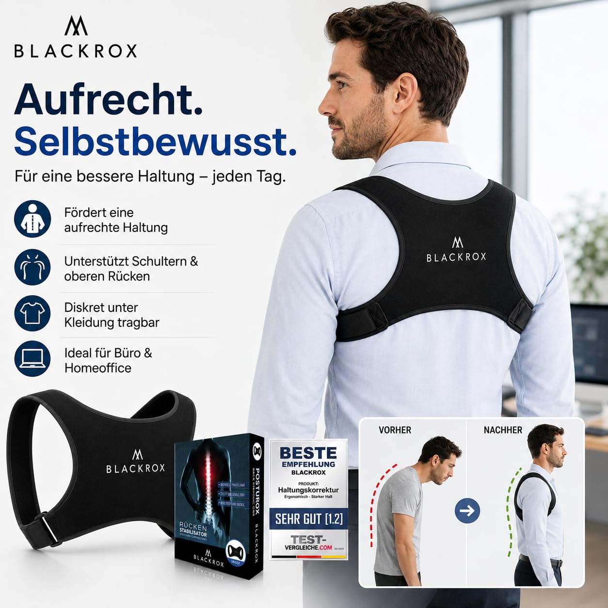 BLACKROX Haltungskorrektur [Vergleichsieger 2026] | Damen & Herren | Rückenstabilisator | Rückenstütze | Effektiv gegen Rückenschmerzen & Buckehaltung | Rücken Geradehalter