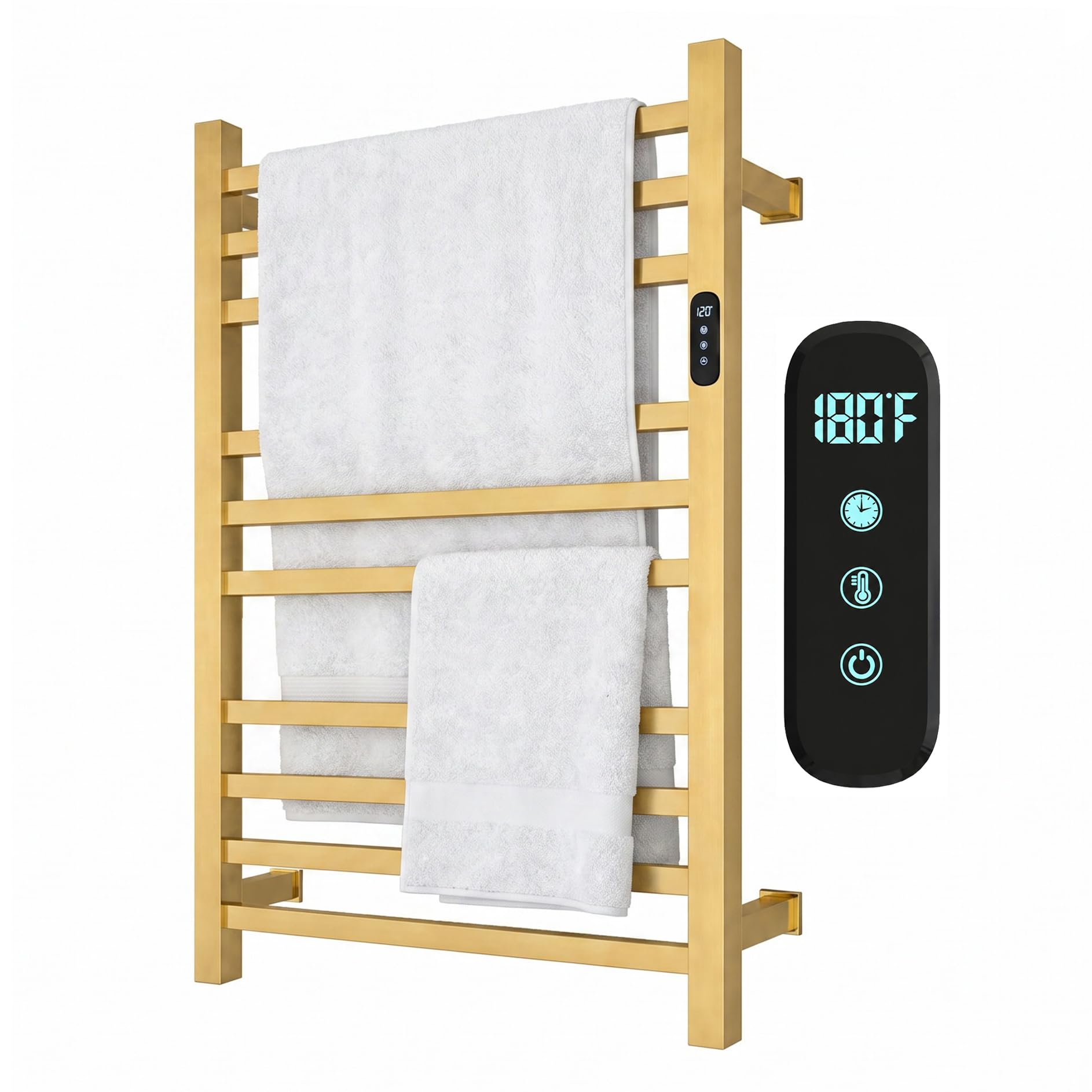 Luxury Gold Heated Towel Racks for Bathroom, Wall Mounted Electric Towel Warmer Rack with Timer &amp; Fahrenheit Temperature Control, 10 Bar Stainless Steel Towel Heater for Bathroom(Brushed Gold)