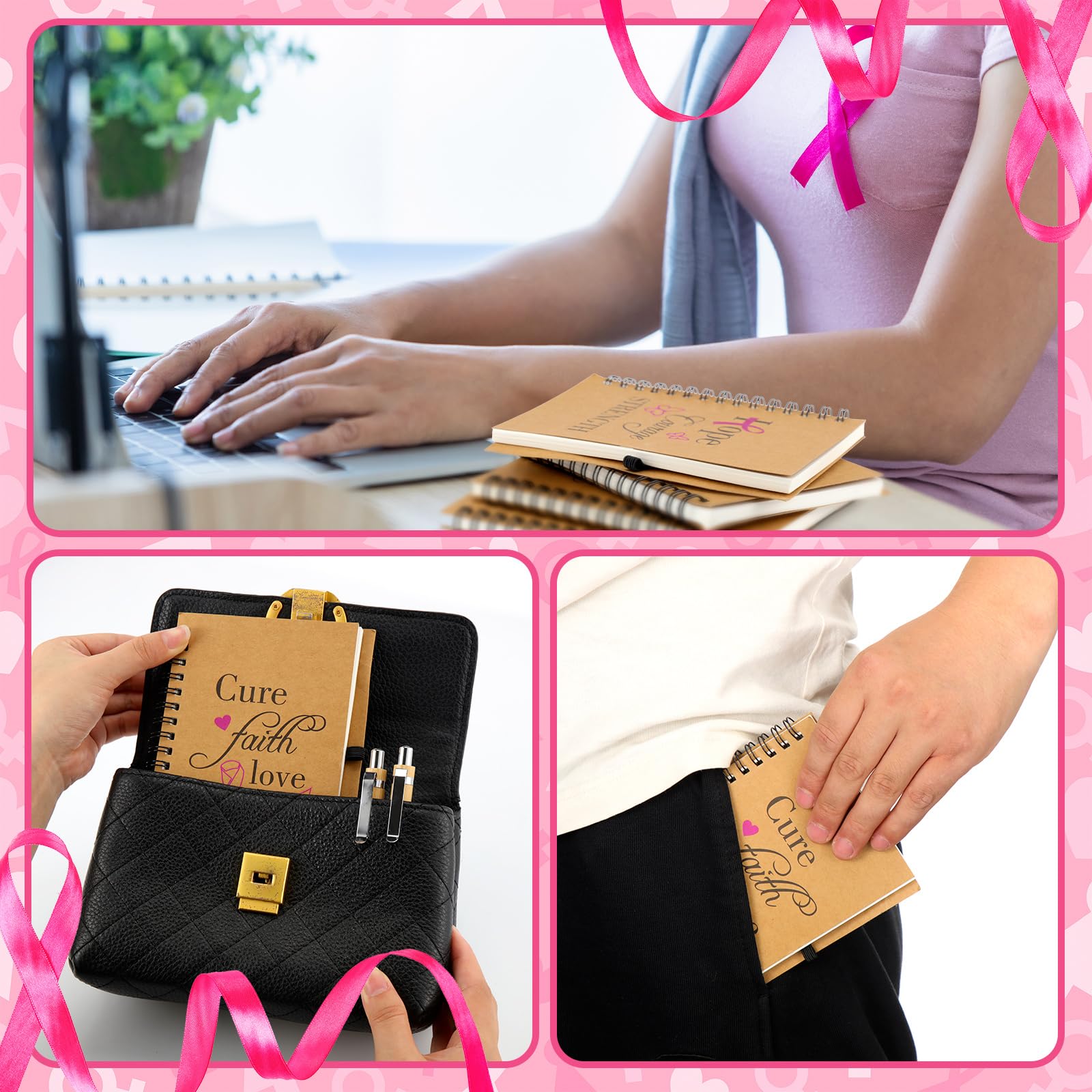 Yeaqee Mini-inspirierende Notizbücher mit Stiften, kleine motivierende Notizblöcke, rosa Schleife, Taschennotizblöcke, Aufmerksamkeit, Monat, Wertschätzung, Geschenke für Frauen und Mädchen, 50 Stück
