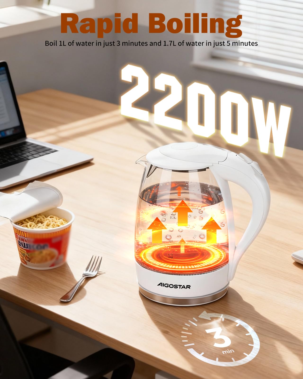 Aigostar Eve 30GON- Szklany czajnik z podświetleniem LED, 2200W, 1.7 L. Zabezpieczenie przed przegrzaniem, BPA Free, Biały ekskluzywny projekt