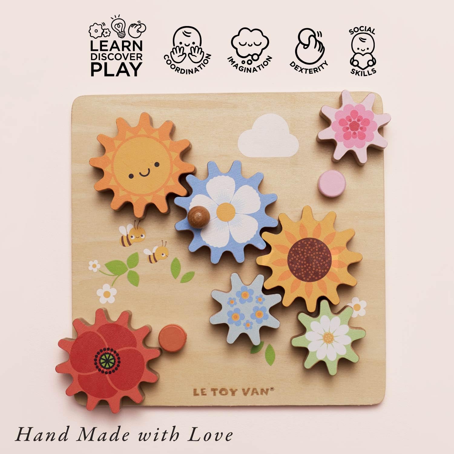 Le Toy Van - PL095 - Gioco educativo in legno per bambini 1 anno con 7 ingranaggi rotanti e 3 maniglie a forma di ape, giocattolo Montessori per lo sviluppo sensoriale e delle capacità motorie fini