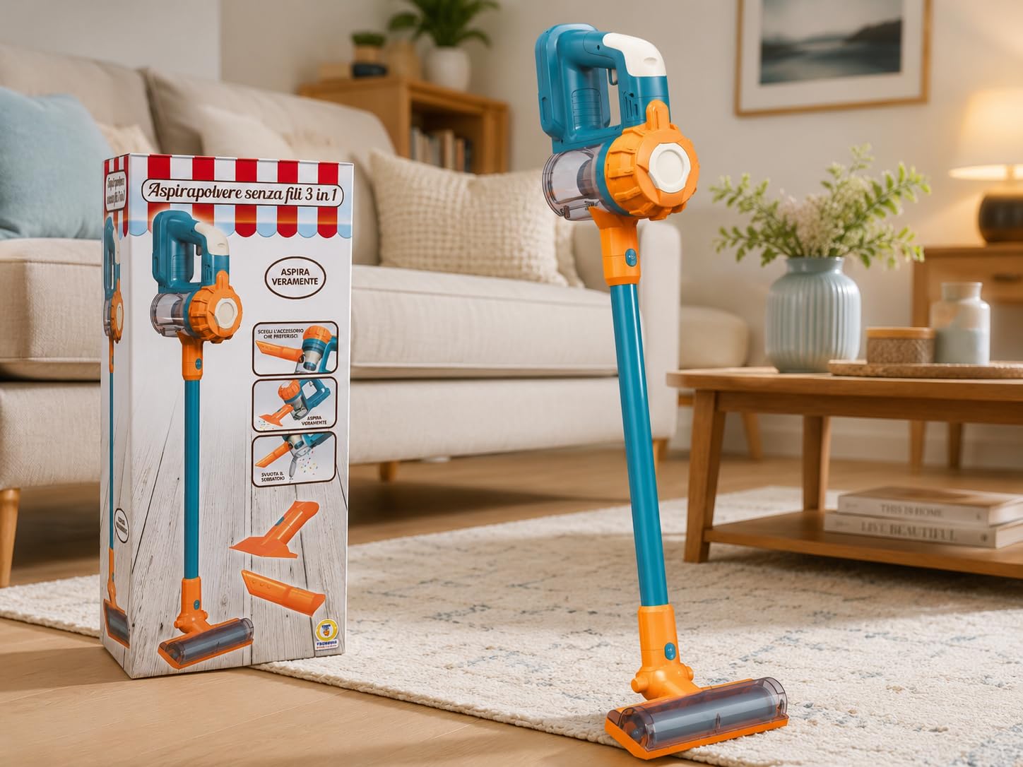 Teorema Giocattoli, Aspirateur Jouet pour Enfants fonctionnant avec Sons, 3 Accessoires interchangeables et conteneur ouvrable - Jeu éducatif à partir de 3 Ans, Aspirateur sans Fil 3 en 1