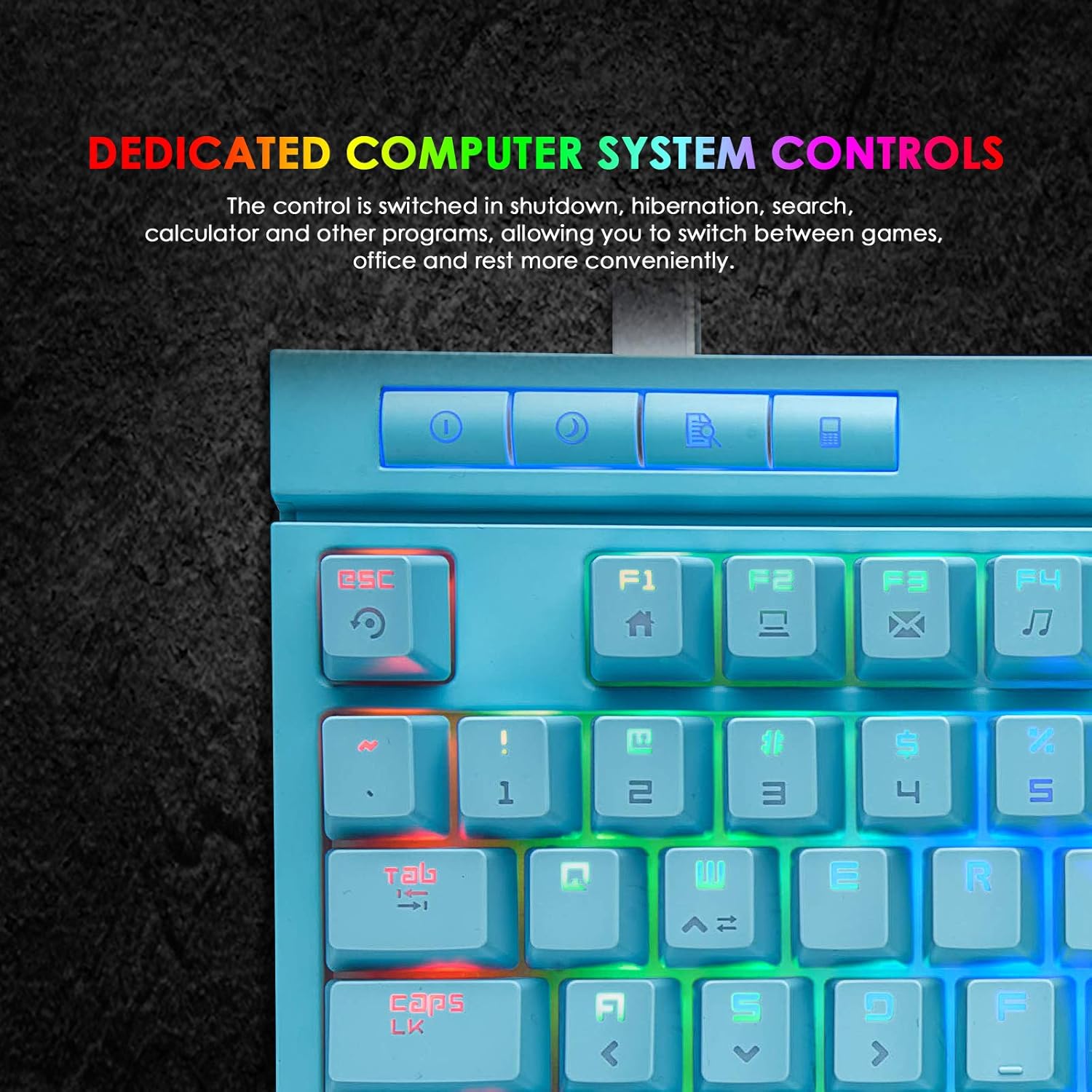 Close-up of the keyboard's dedicated system control keys