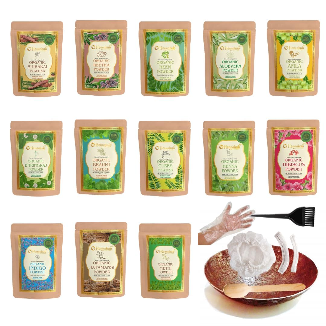 hennahub Amla, Reetha, Shikakai, Bhringraj Hibiscus, Methi, Henna, Indigo, Neem, Brahmi, Curry Leaves, Jatamansi, Aloevera Powder with IRON BOWL, Double Filtered Powders (Combo pack of 13)-picture-40