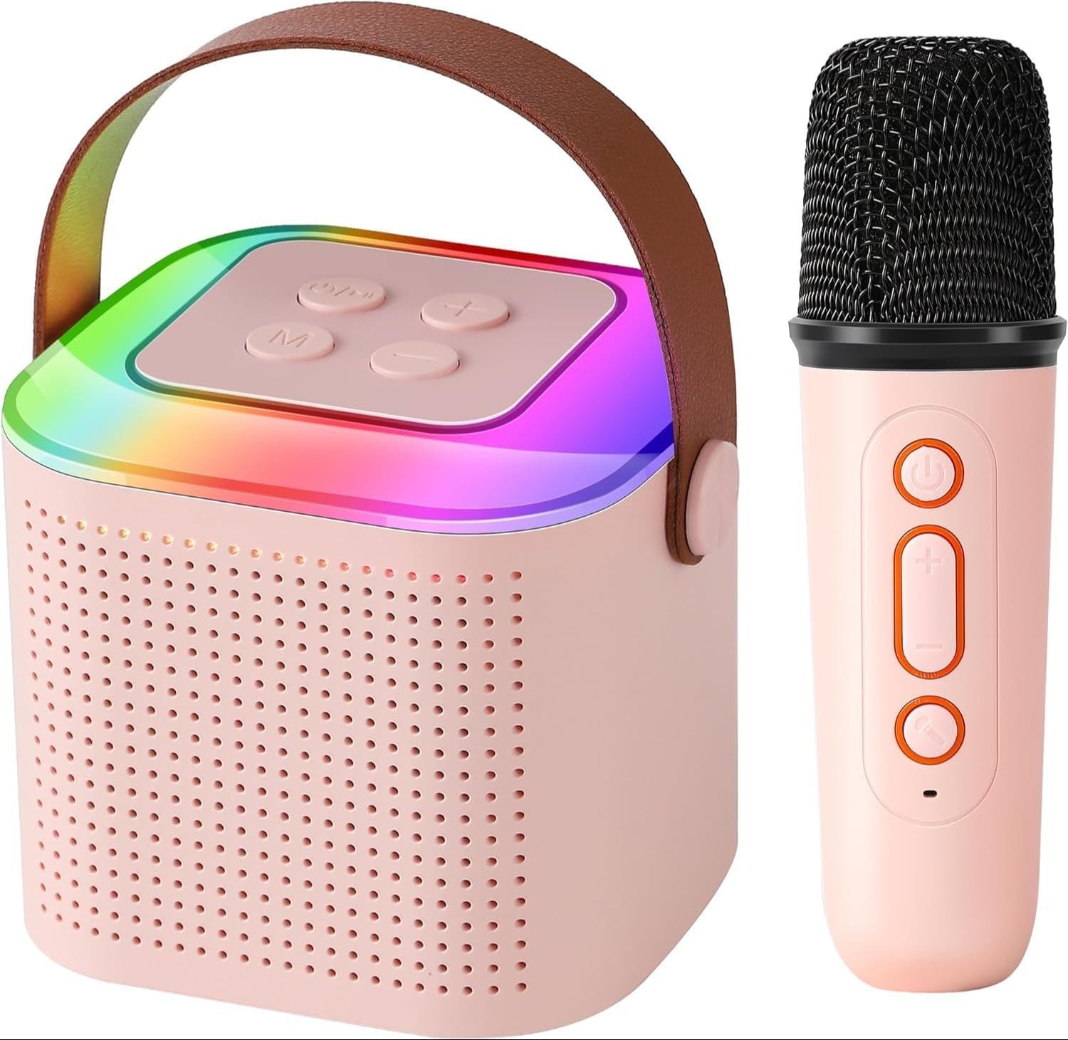 Moxom Y1 Bluetooth Karaoke Speaker with Microphone, Rechargeable Battery Mini Wireless Karaoke Machine & RGB Lights Party POP Out door Small Speaker with Mic (Pink)