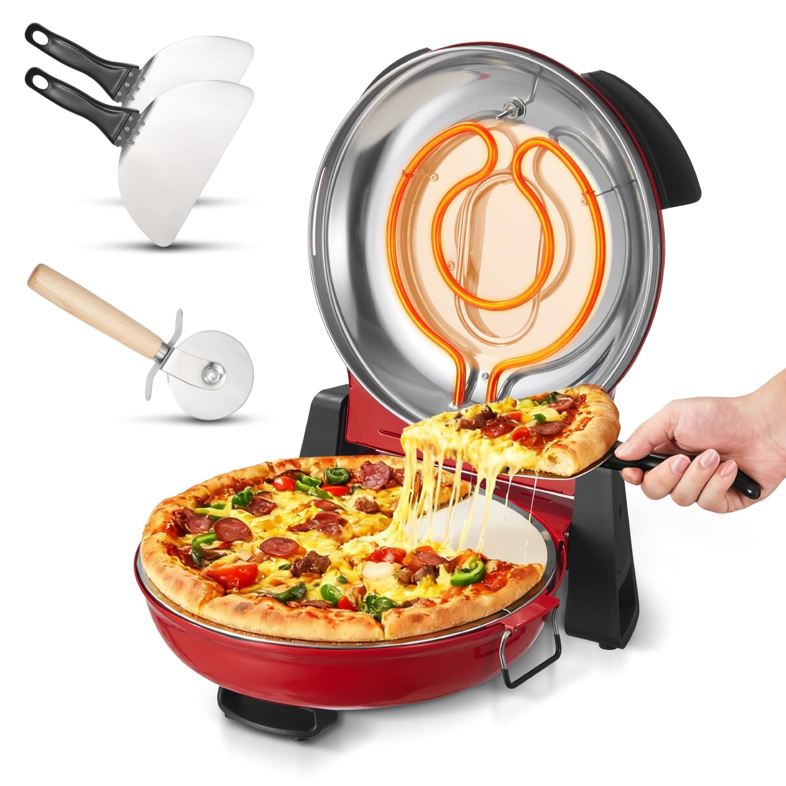VEVOR Pizzaofen elektrischer Pizzamaker 1200 W Pizzakocher mit Cordieritstein, 5-stufige Temperaturregelung, Sichtfenster für präzises Kochen, erhitzt bis zu 420 °C, Backofen für Zuhause (rot)