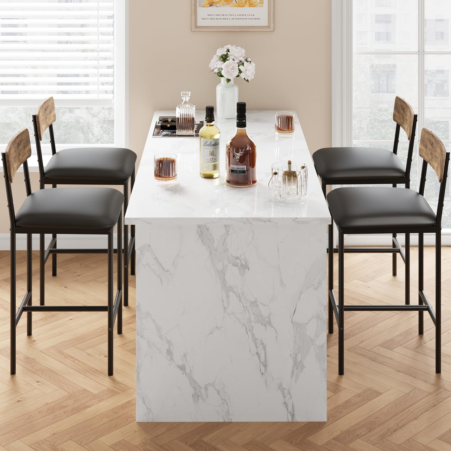 IDEALHOUSE Bar Stools Set of 4, Kitchen Bar Stools with Footrest, 25.5 Inches Upholstered Bar Chairs with Back, 4 Counter Height Barstools for Counter Bar, Island, Easy Assembly, Rustic Brown