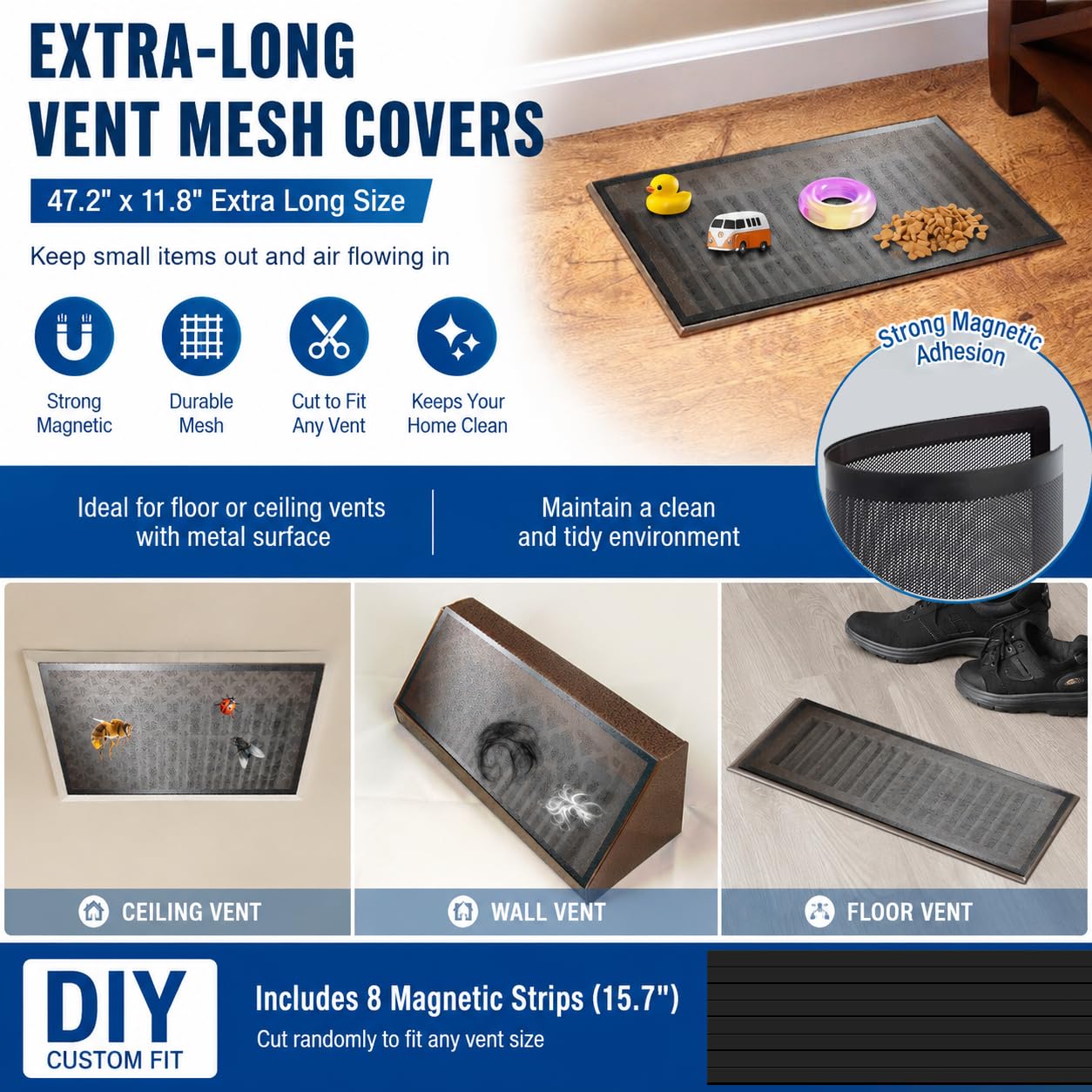 Paquete de 2 cubiertas de ventilación de suelo personalizables, malla magnética de PVC de 1200 x 300 mm para pared, techo y suelo del hogar, filtros de ventilación de bricolaje con kit de herramientas