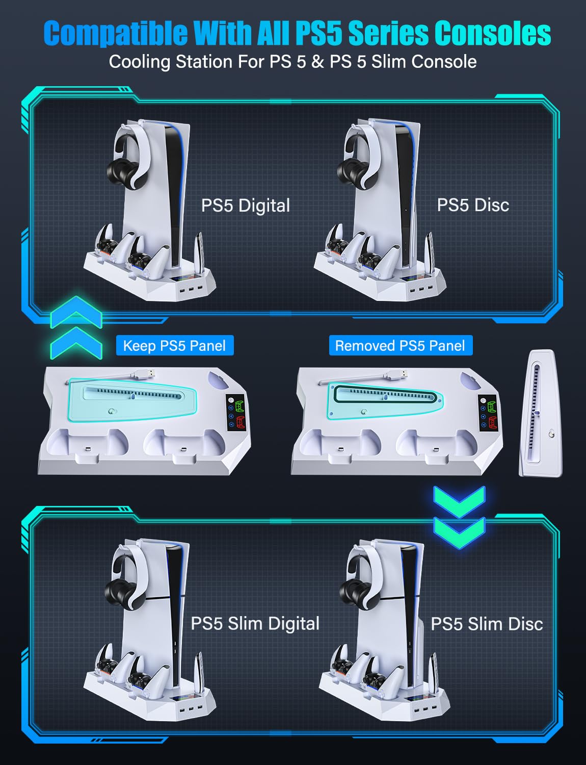 PS5 smukły stojak ze stacją chłodzącą do PS5 i PS5 Slim Console Disc/Digital Edition, stacja chłodząca PlayStation 5 z podwójną ładowarką kontrolera PS5, 3 poziomy wentylatora chłodzącego, 3