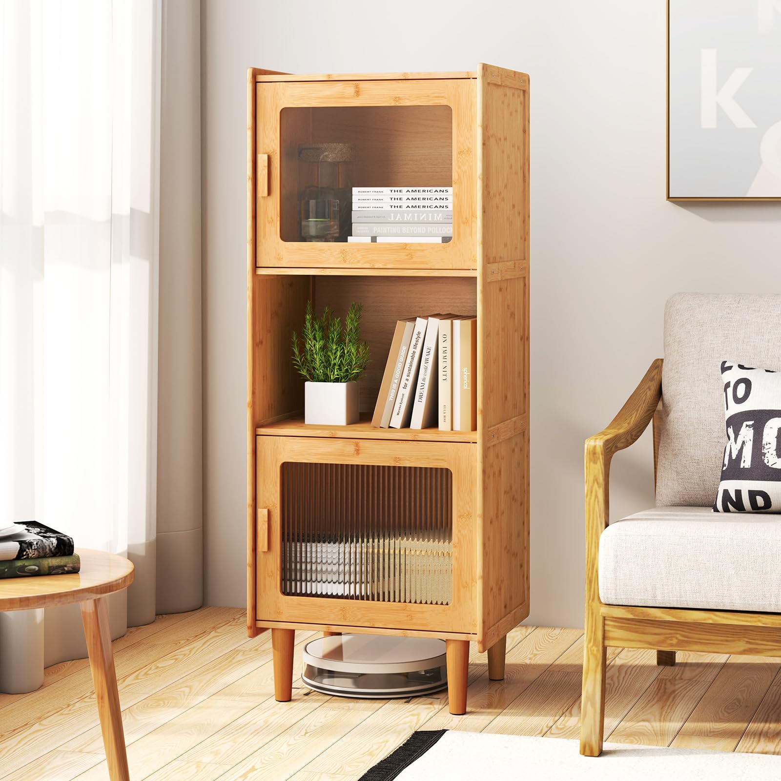 COSTWAY Buffet Vitrine 3 Compartiments, Armoire Cuisine Bambou Naturel, 49,5 x 40 x 130 cm, Porte Magnétique, Vaisselier Colonne Cuisine, Bibliothèque Salon