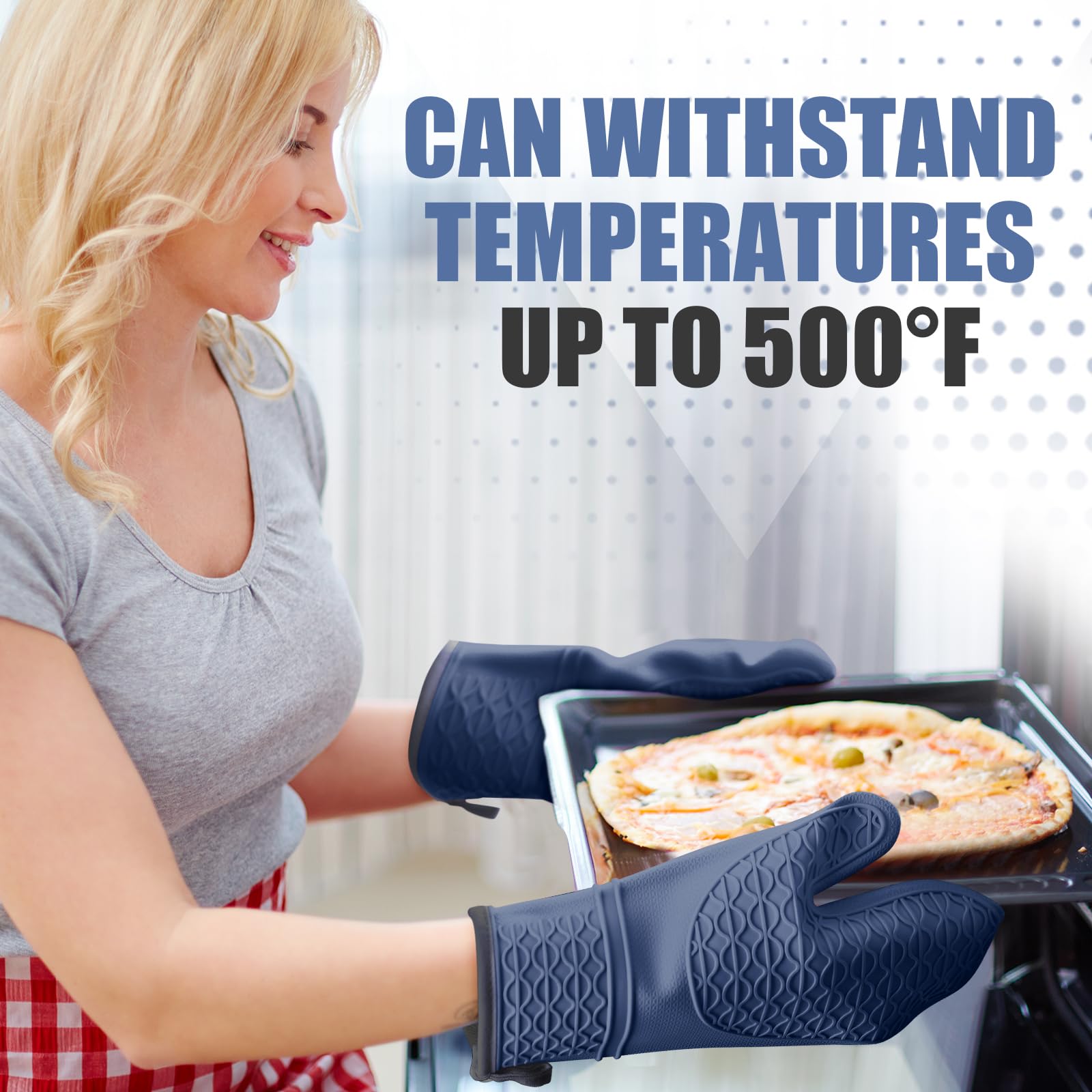 Silikon-Ofenhandschuhe, hitzebeständig, 2 Stück, Ofenhandschuhe mit weichem Baumwollfutter, wasserdicht, rutschfester Griff, Topflappen, Handschuhe für Grillen, Backen, Kochen, 32,5 cm, Dunkelblau