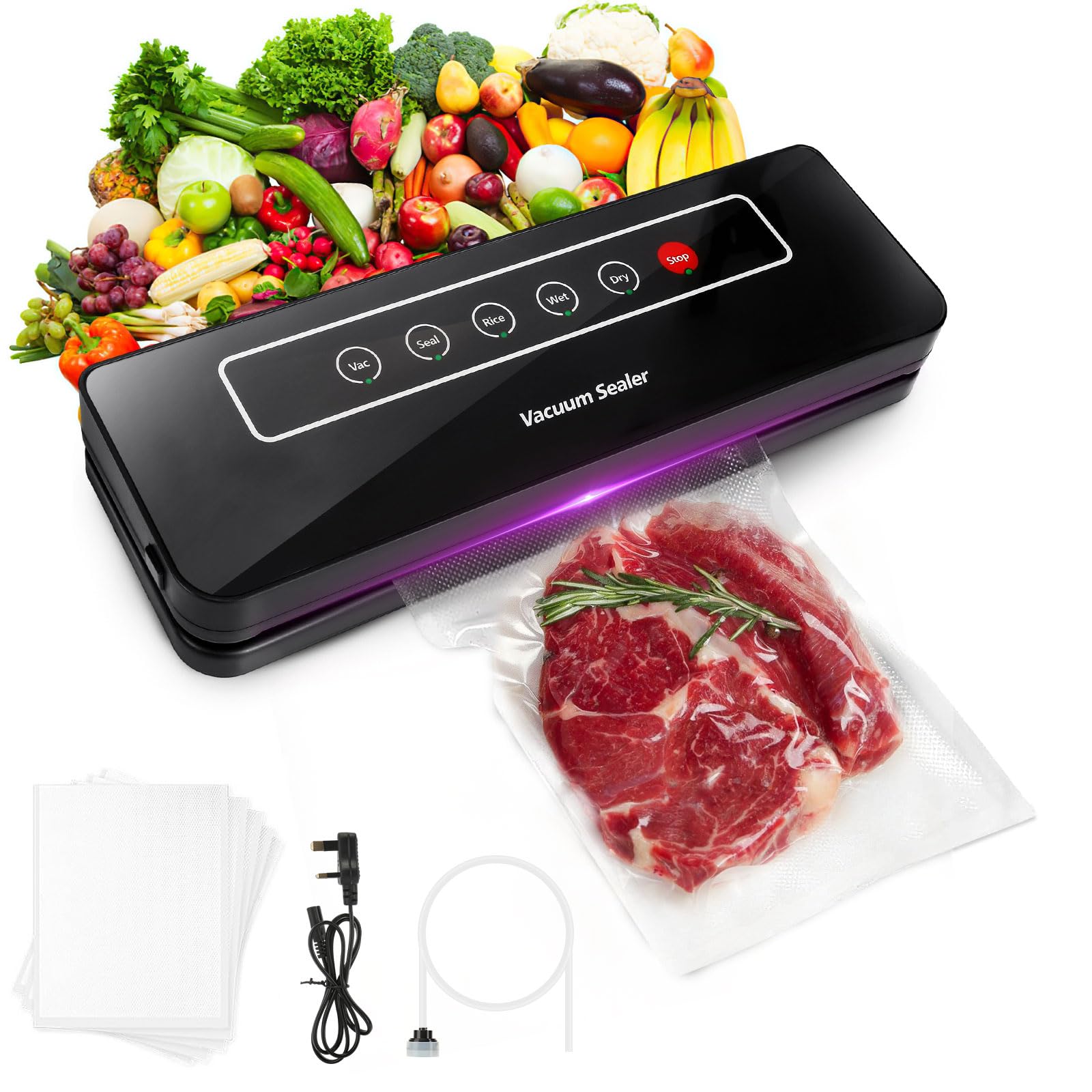 Vacuum Sealer Machine, food Vacuum Sealer Vac Pack for Dry and Moist Food Fresh Preservation, Vacuum Roll Bags & Hose Included(Black)