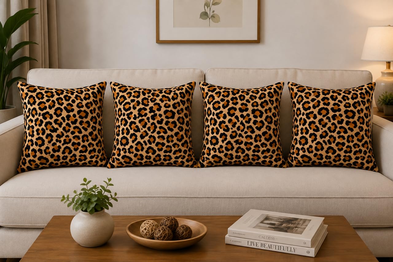 Leopard Print Decorative Pillow Cushion Covers Set of 3 – 40x40 cm Cotton Animal Print Throw Covers for Sofa Living Room Bedroom – Beige & Black-image-44