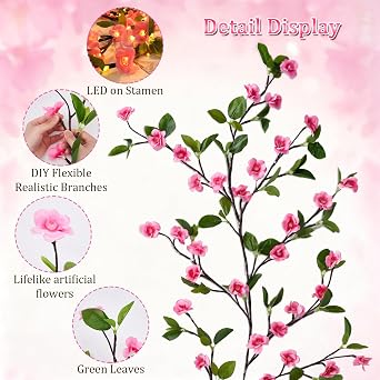 Cherry Blossom Lights with Green Leaf,48 LED Pink Flower Fairy Vine Lights for Bedroom,3.95Ft 8 Modes Twinkling Tree Branch Light with Remote,Timer,Blossom Garlands for Wall Room Christmas Decoration [Energy Class A]