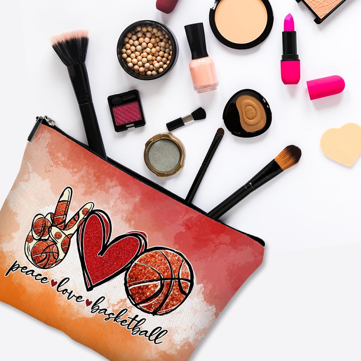 Cosmetic Bags for Women Cute Makeup Bag for Purse Canvas Travel Toiletry Bag Funny Zipper Pouch-Peace Love Basketball Makeup Bags image 3