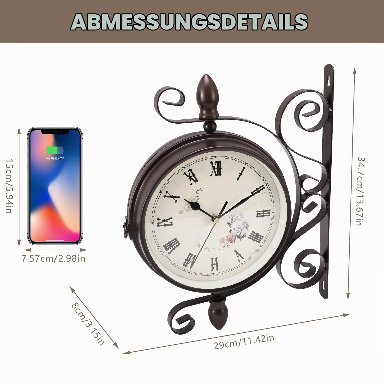 UrbanHomes Bahnhofsuhr Doppelseitig, Bahnhofsuhr Wetterfest, Runde Garten Wanduhr, Retro Schmiedeeisen Metall Wanduhren Aussen Stille Quarzuhr Wanduhr Outdoor Uhr Dekorative mit Halterung 1