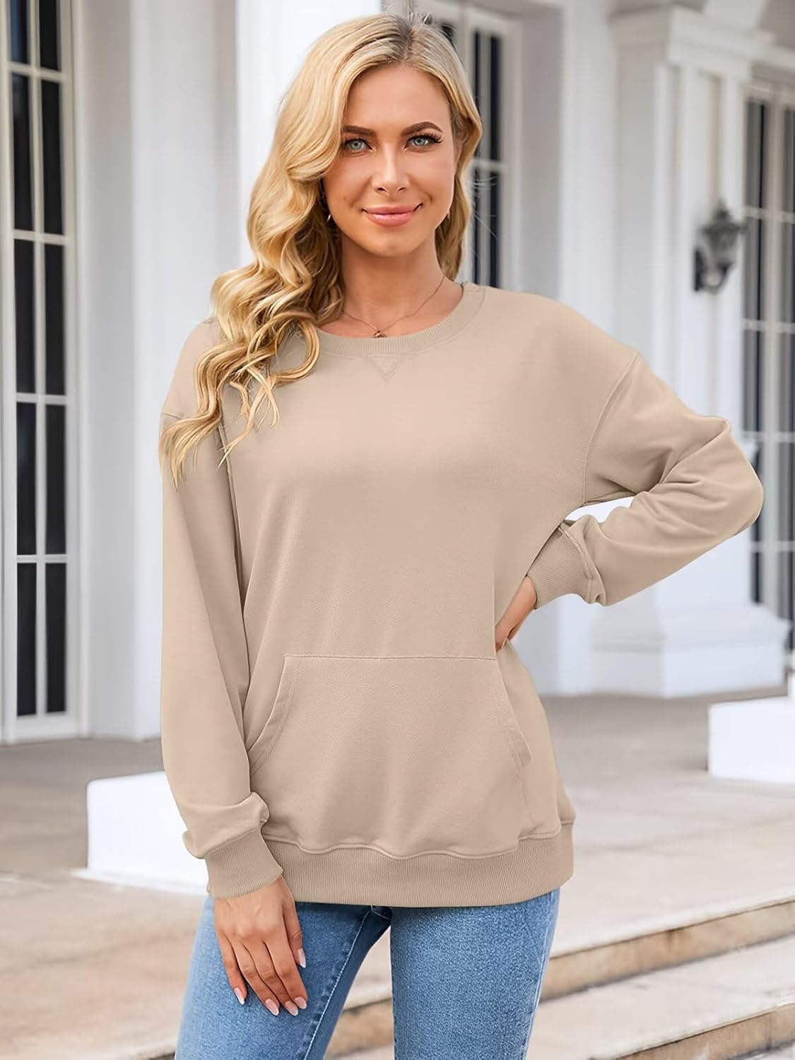 Womens Crewneck Sweatshirts with Pocket Trendy Fashion Pullover Loose Fit Long Sleeve Tops 2026 - Image 4