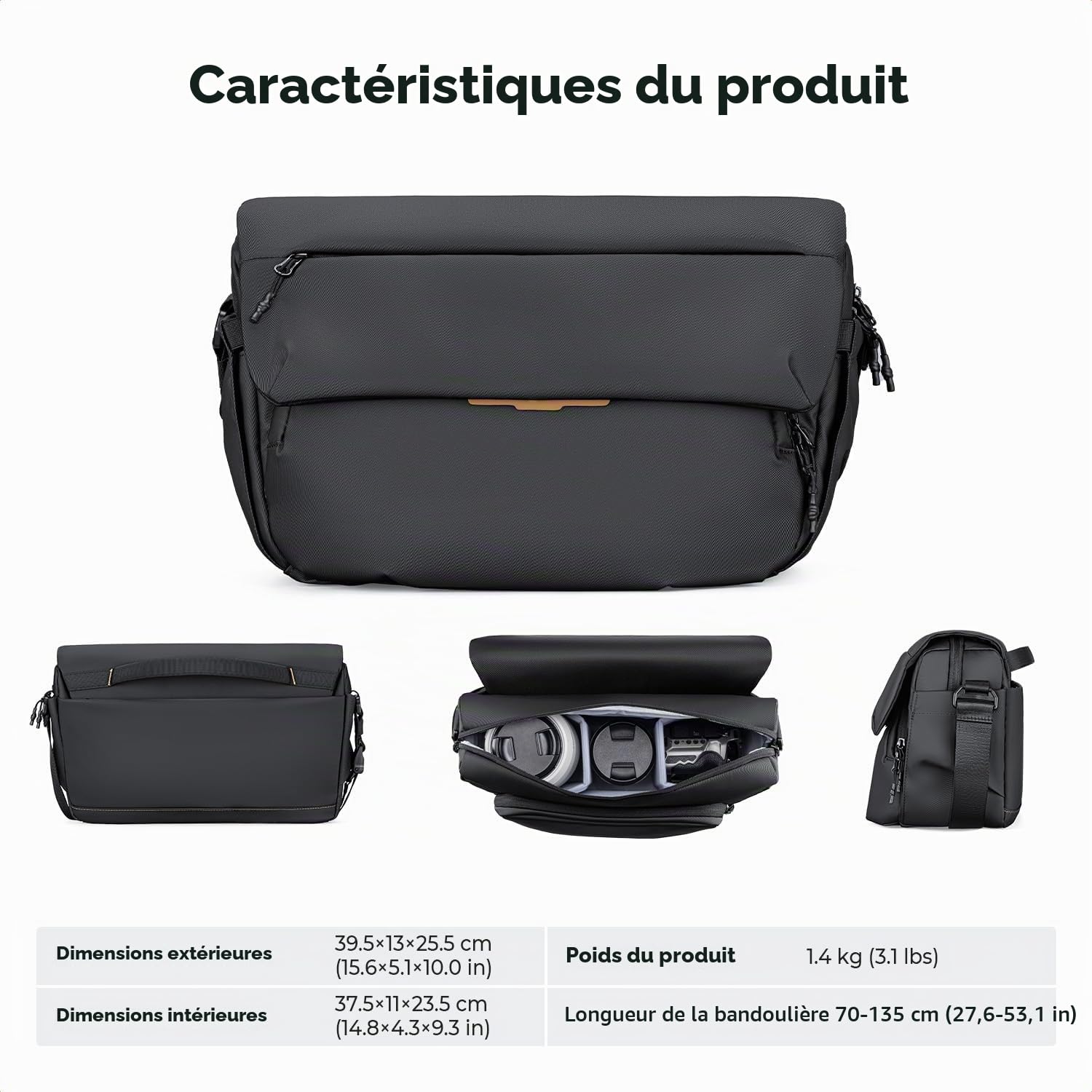 K&F CONCEPT Sac à Bandoulière pour Appareil Photo | Sac Bandoulière Étanche de Voyage Grande Capacité pour Appareil Photo, Compartiment Ordinateur 13 pouces，Noir，BS18