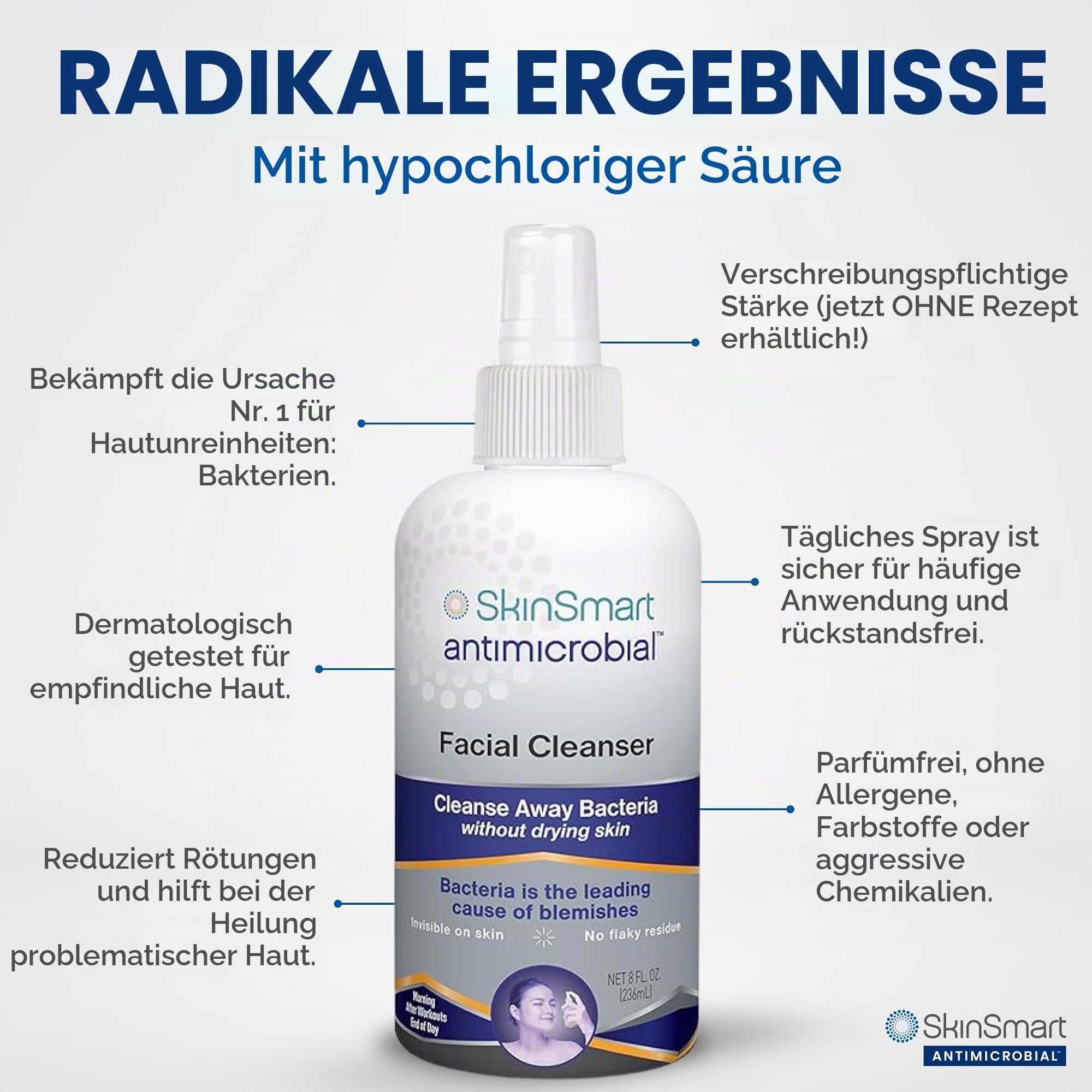 SkinSmart Gesichtsreiniger für Akne, zielt auf Bakterien für aktive Teenagersportler nach dem Training und Akne für Erwachsene, 237 ml Sprühflasche, sicher für mehrere tägliche Anwendungen