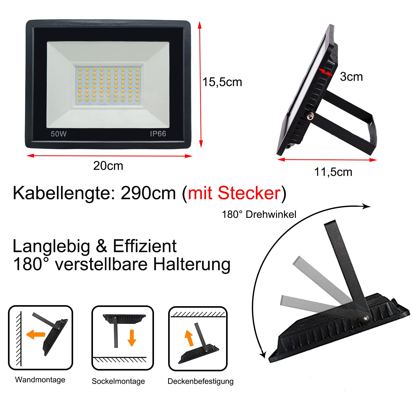 Projecteur Exterieur led 50W Spot led Extérieur avec prise mâle IP66 Etanche Eclairage de Sécurité avec 3m câble, Super lumineux Lumières d'inondation pour Jardin Patio Garage, Blanc chaud 3000K