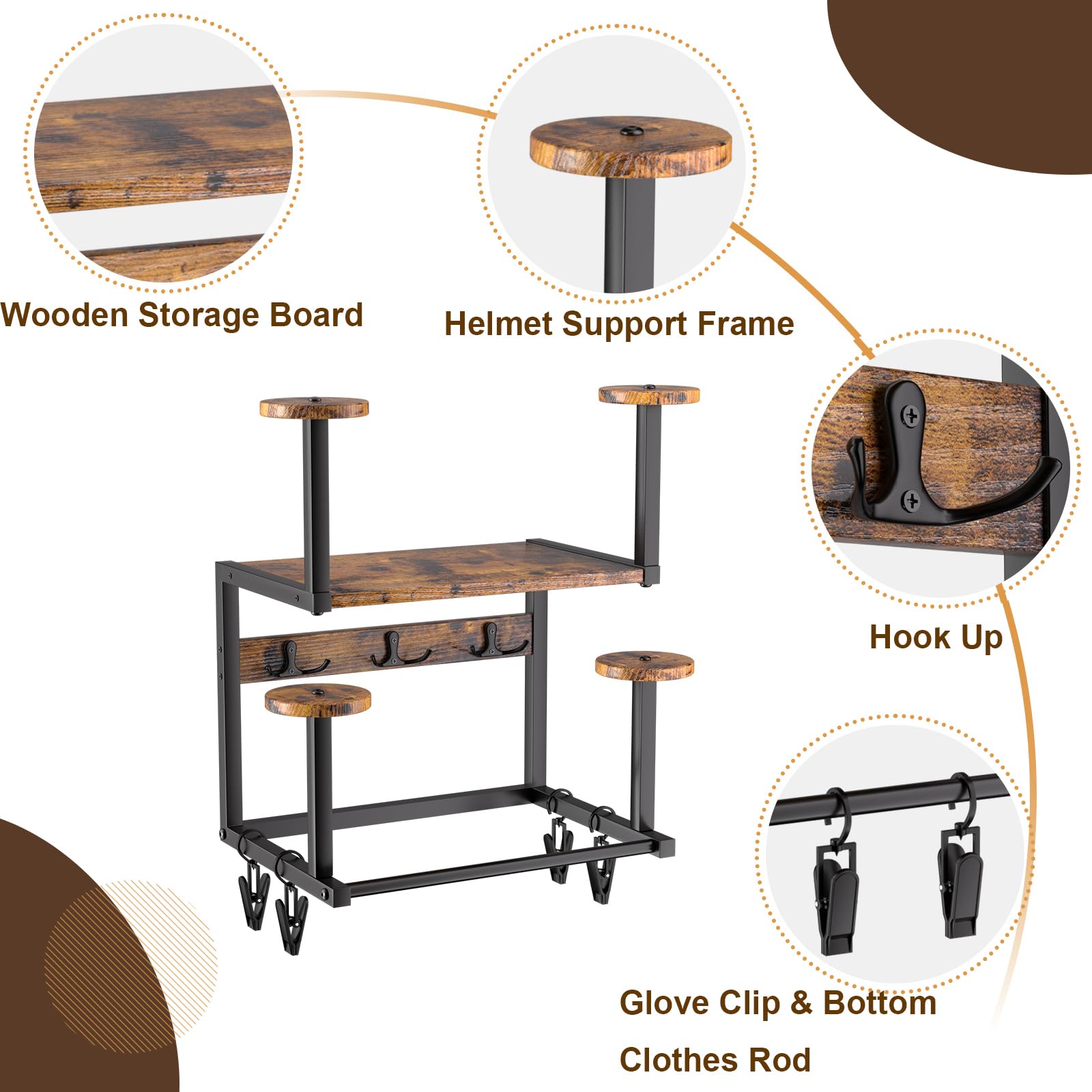 Helmhalter Wandhalterung, Motorradhelmhalter Plattenständer Display Organizer mit 1 Holzschichtbrett, 4 Helmständer und Haken für Motorrad, Fußball, Radfahrerausrüstung