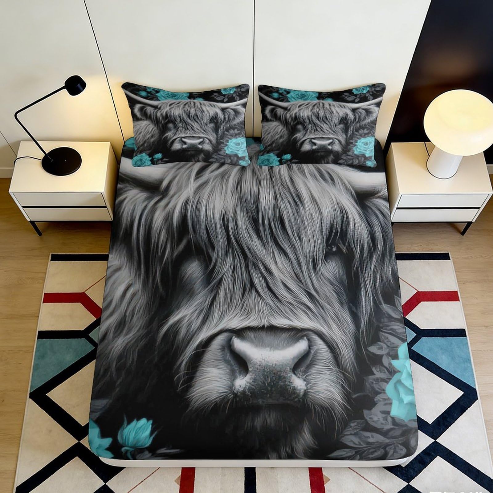 3D Printed Highland Cow Fitted Sheet Microfiber Deep Pocket Elastic Hem Bedroom Bedding Highland Cow Mattress Fitted Cover Washable 180x200x25cm