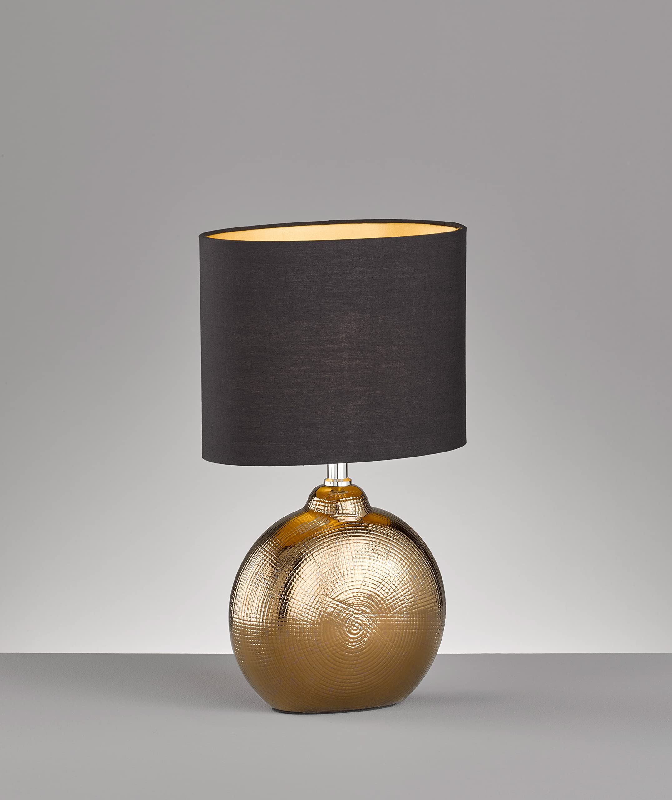 Fischer & Honsel Lampada da tavolo, foro, color bronzo anticato, paralume in tessuto, nero chintz, interno dorato, lunghezza: 23,00 cm, larghezza: 13,00 cm, altezza: 36,00 cm, con interruttore a cavo,