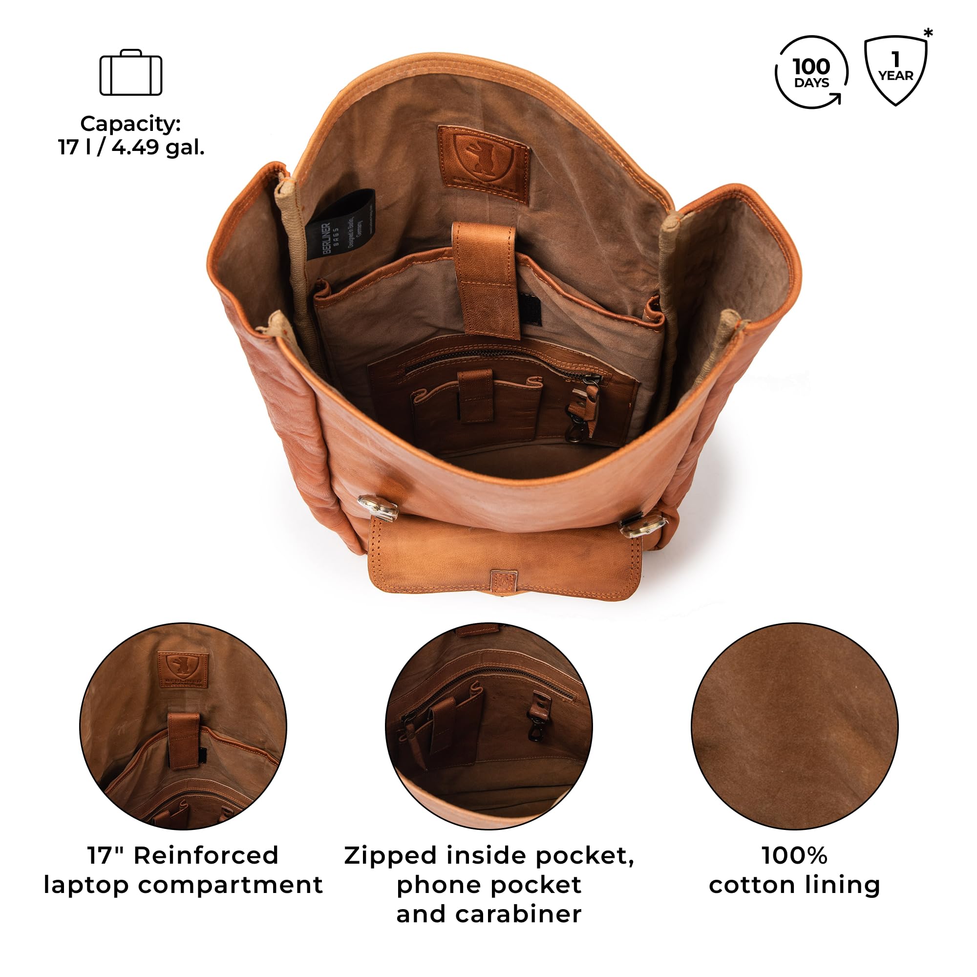 Berliner Bags Leeds Mochila de Piel Auténtica con Compartimento para Portátil y Diseño para Ciclistas, para Hombre y Mujer – Marrón