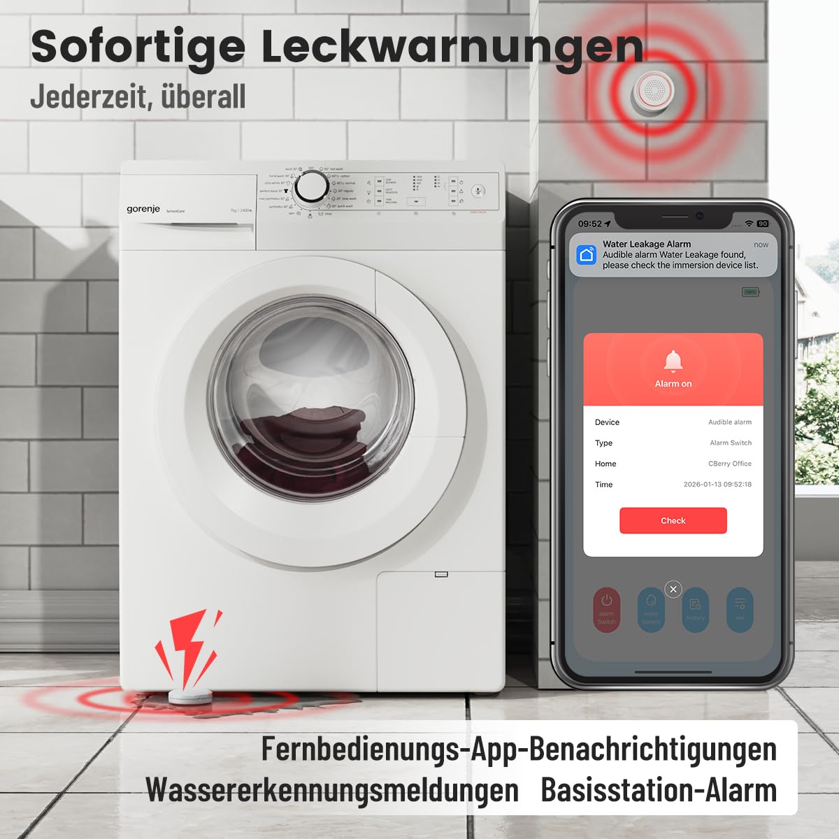 Smart WiFi Wasserleck-Detektor-Kit, 3 Sensoren, Basisstation mit 100dB verstellbarem Alarm, App-Benachrichtigungen, RF 300m/984ft für Keller/Badezimmer/Waschküche
