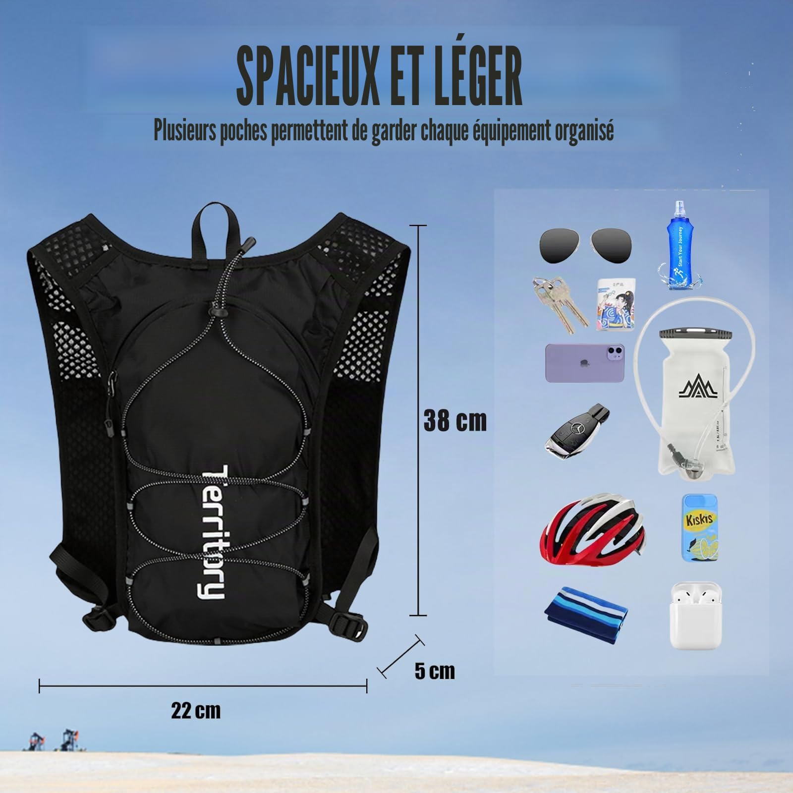 Gilet de course avec bouteille d'eau de 500 ml pour homme et femme - Sangles de poitrine réglables - Gilet de course réfléchissant ultra léger - Pour la course, le cyclisme, les trails, les marathons